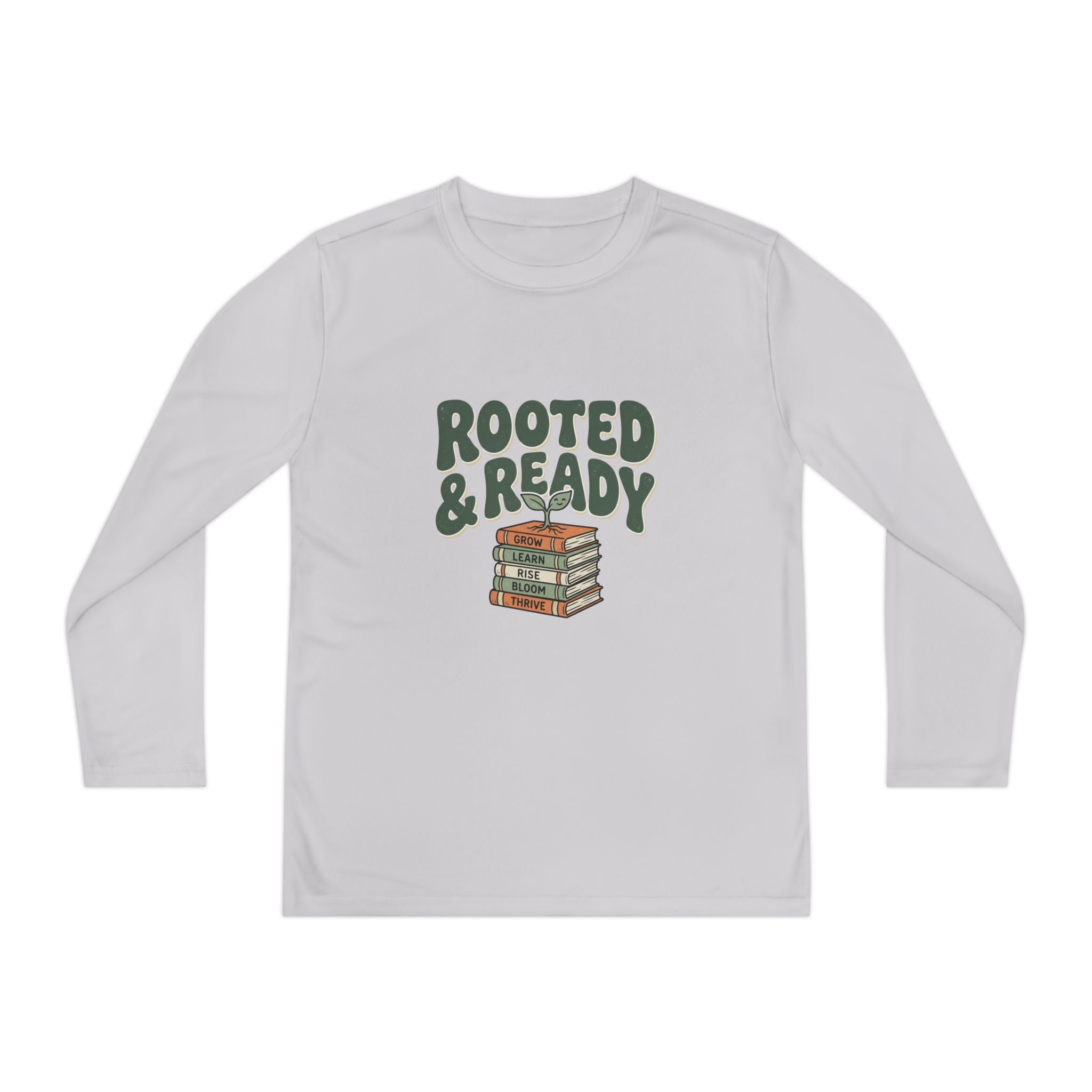 Rooted & Ready Youth Long Sleeve Tee - Stacked Books Graphic for Young Readers, Back-to-School Gift