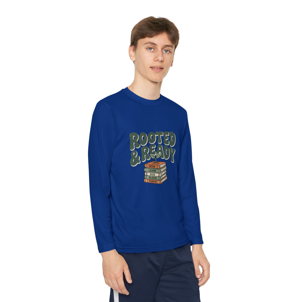 Rooted & Ready Youth Long Sleeve Tee - Stacked Books Graphic for Young Readers, Back-to-School Gift