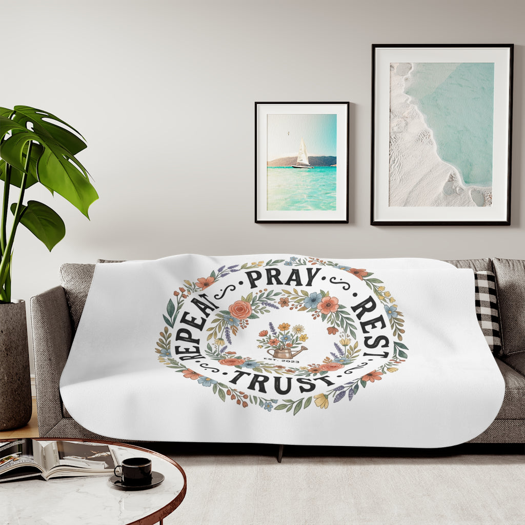 Sherpa Blanket — "Repeat • Pray • Rest • Trust" Floral Cozy Throw for Faith-Based Comfort, Gift for Women