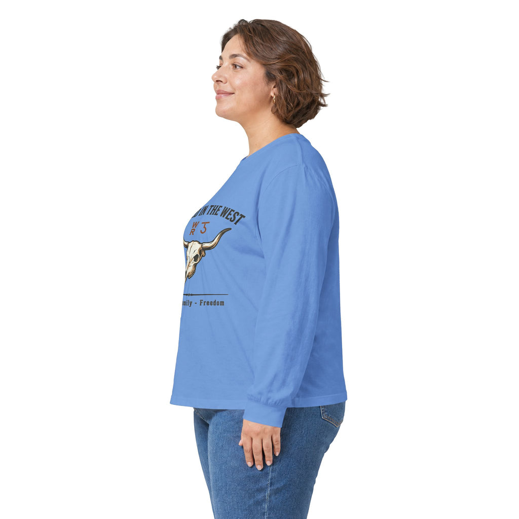 Rooted in the West Long Sleeve Tee — Vintage Steer Skull, Faith • Family • Freedom