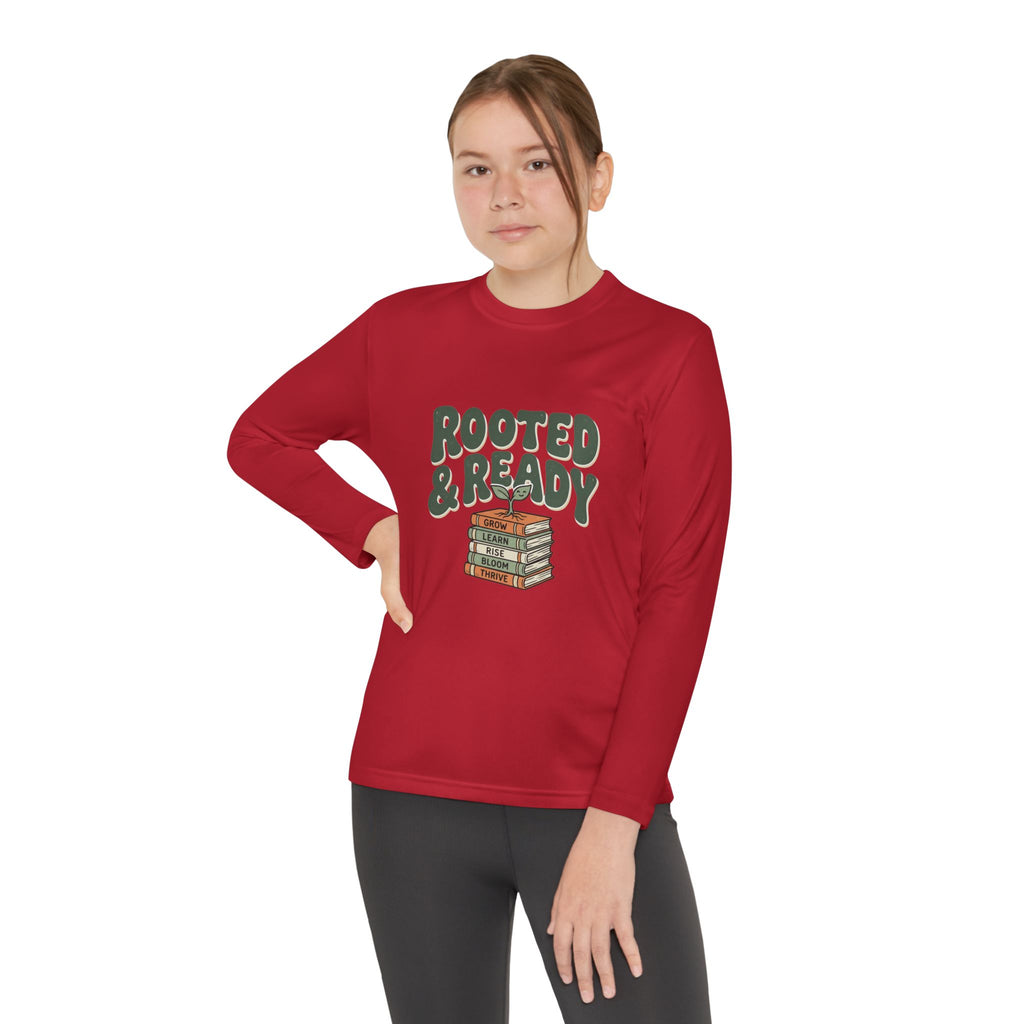 Rooted & Ready Youth Long Sleeve Tee - Stacked Books Graphic for Young Readers, Back-to-School Gift
