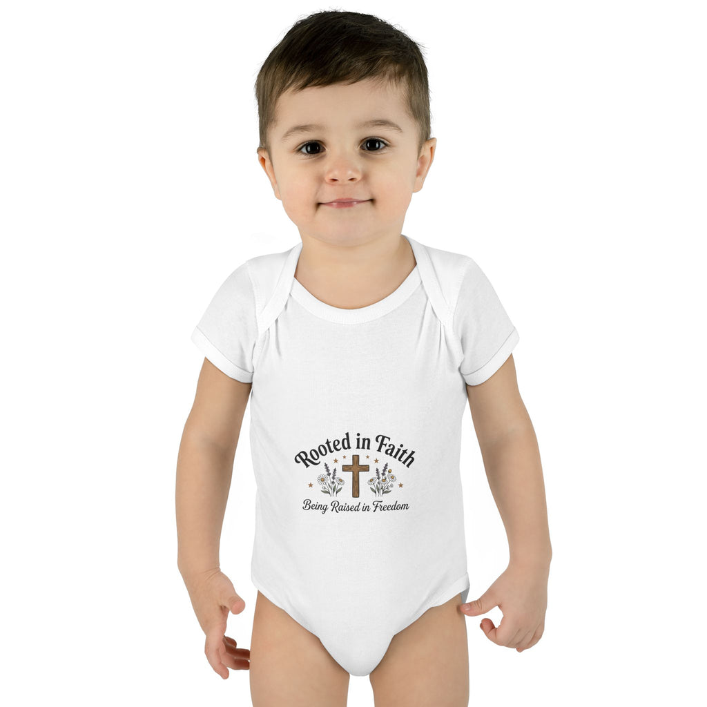 Infant Bodysuit - "Rooted in Faith" Cross Baby Onesie (Religious Newborn Gift)