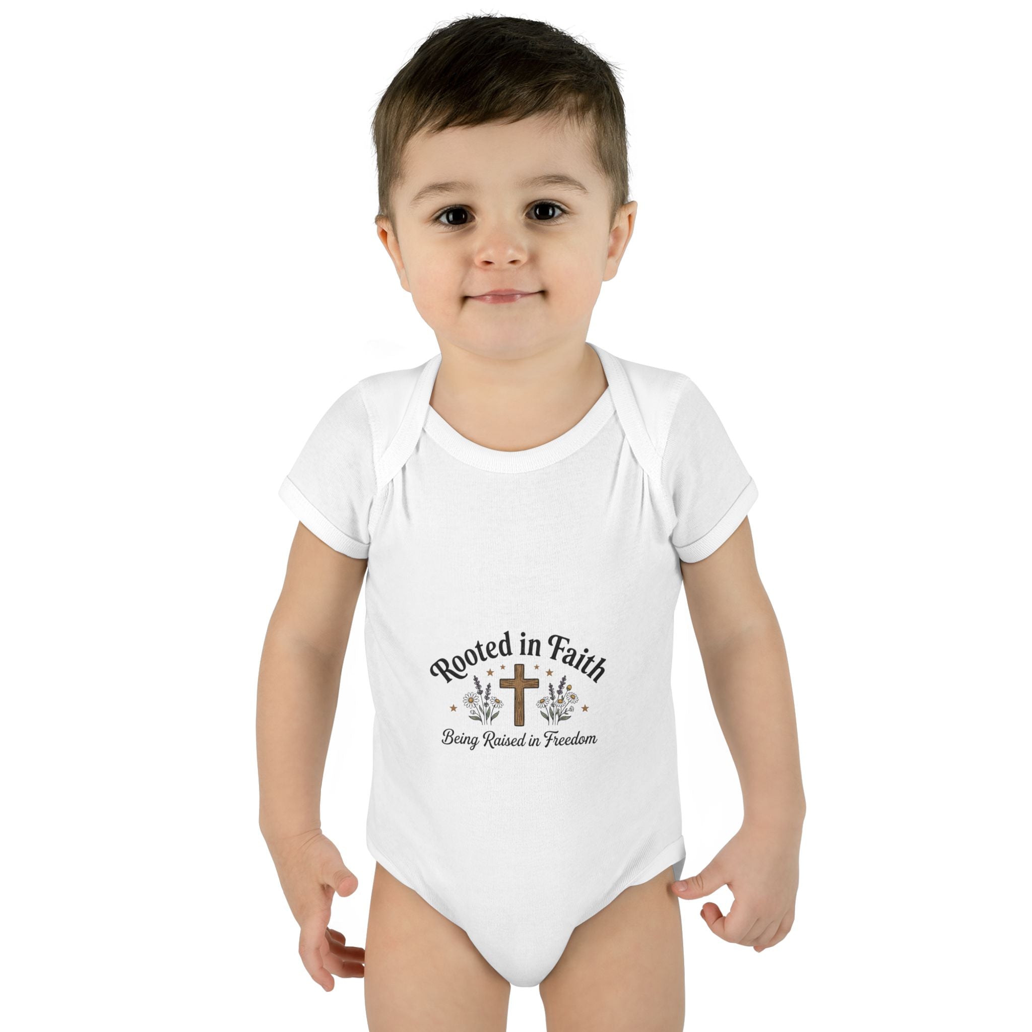 Infant Bodysuit - "Rooted in Faith" Cross Baby Onesie (Religious Newborn Gift)