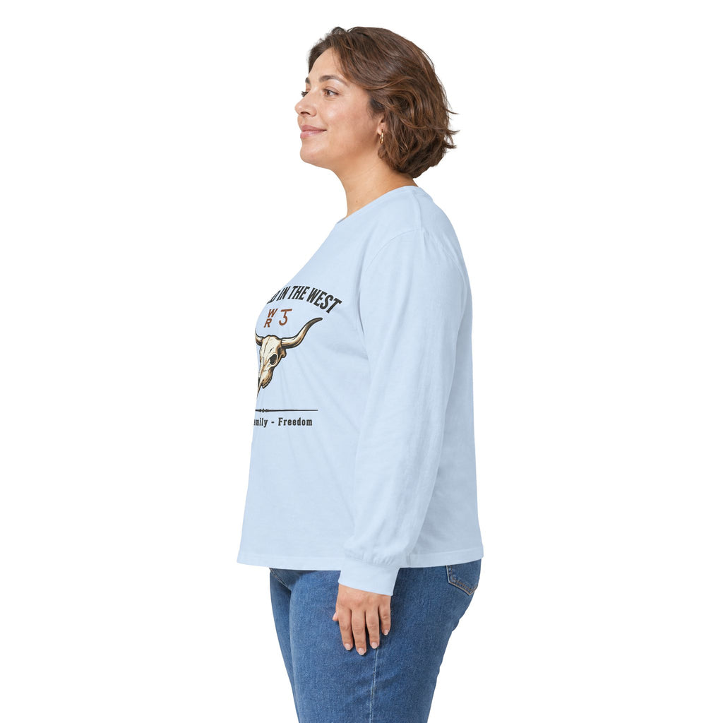 Rooted in the West Long Sleeve Tee — Vintage Steer Skull, Faith • Family • Freedom