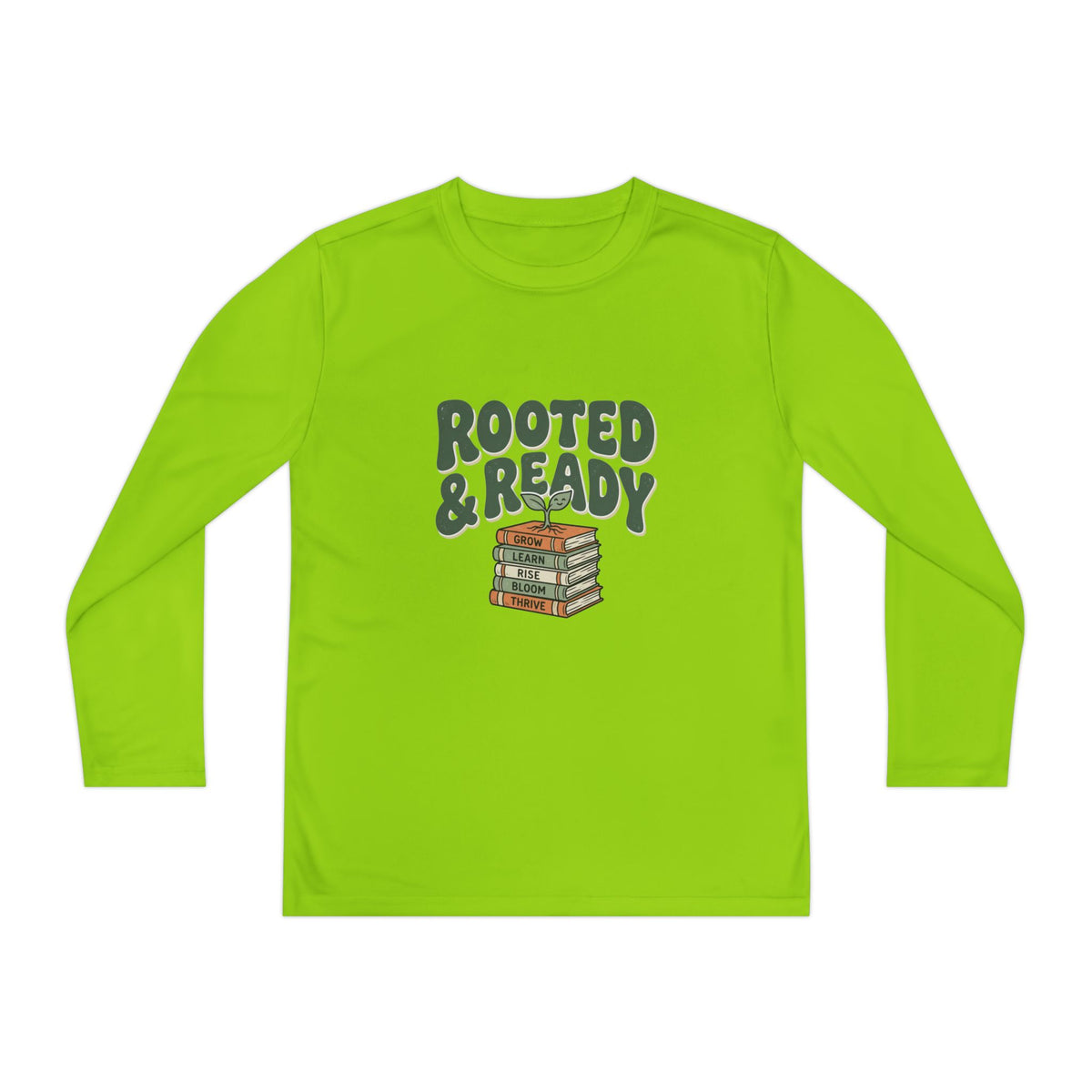 Rooted & Ready Youth Long Sleeve Tee - Stacked Books Graphic for Young Readers, Back-to-School Gift