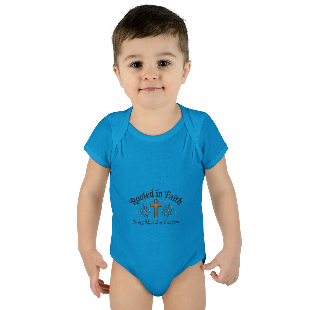 Infant Bodysuit - "Rooted in Faith" Cross Baby Onesie (Religious Newborn Gift)