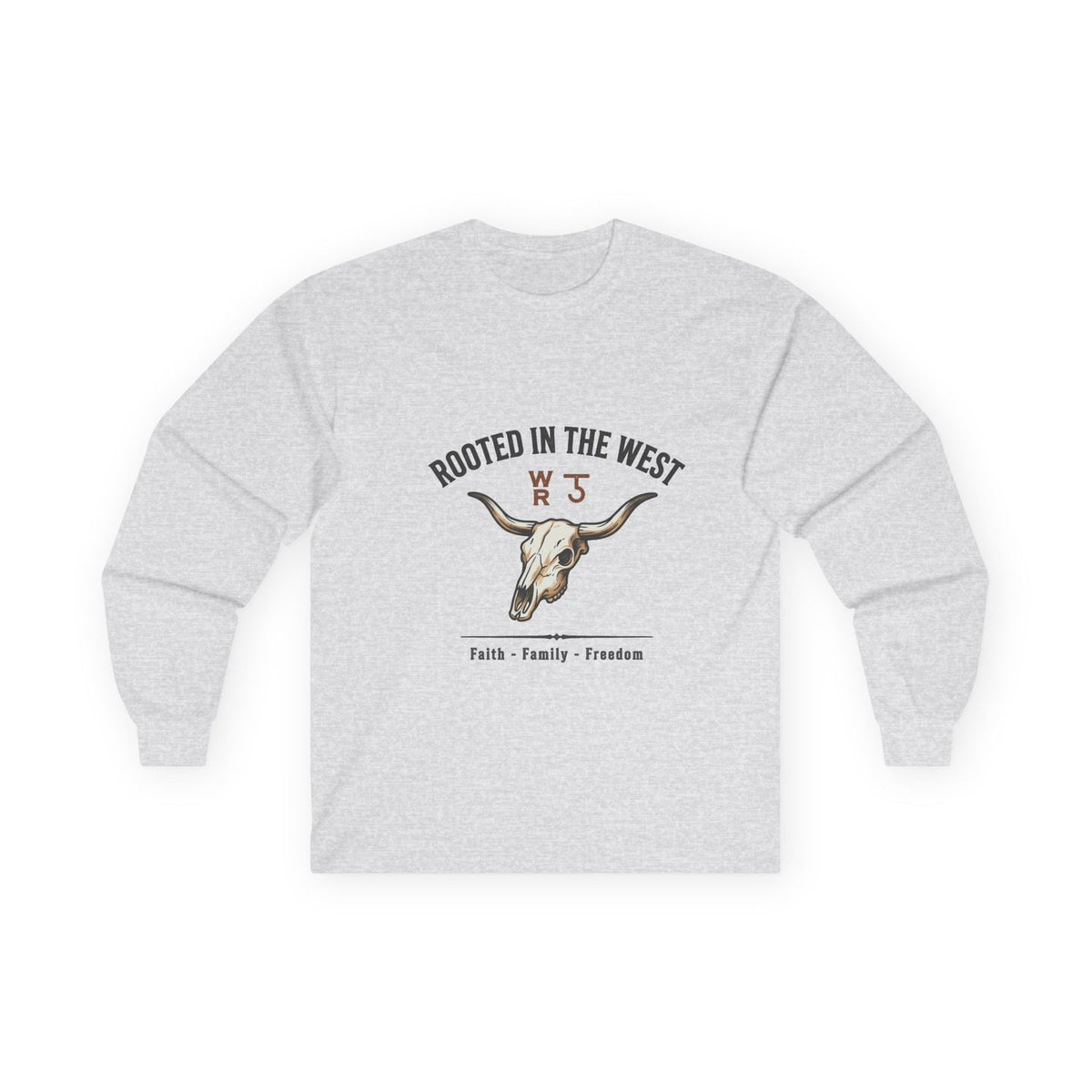Rooted in the West Long Sleeve Tee — Vintage Steer Skull, Faith • Family • Freedom