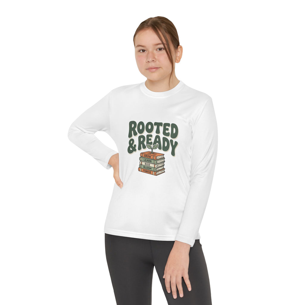 Rooted & Ready Youth Long Sleeve Tee - Stacked Books Graphic for Young Readers, Back-to-School Gift