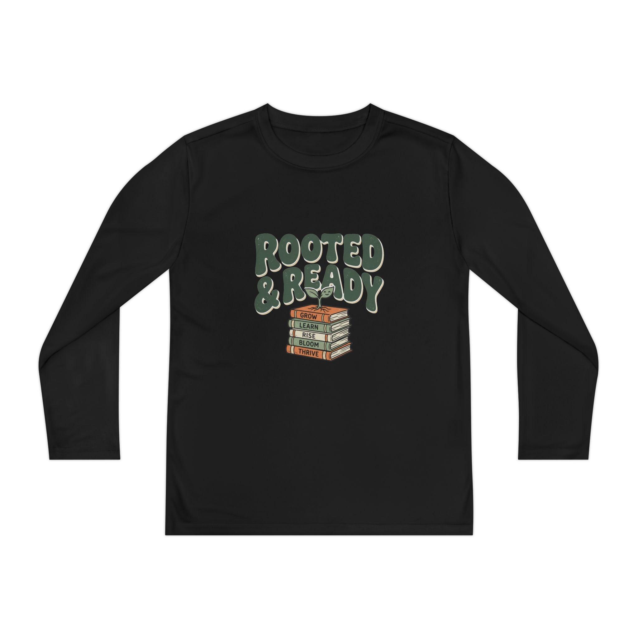 Rooted & Ready Youth Long Sleeve Tee - Stacked Books Graphic for Young Readers, Back-to-School Gift