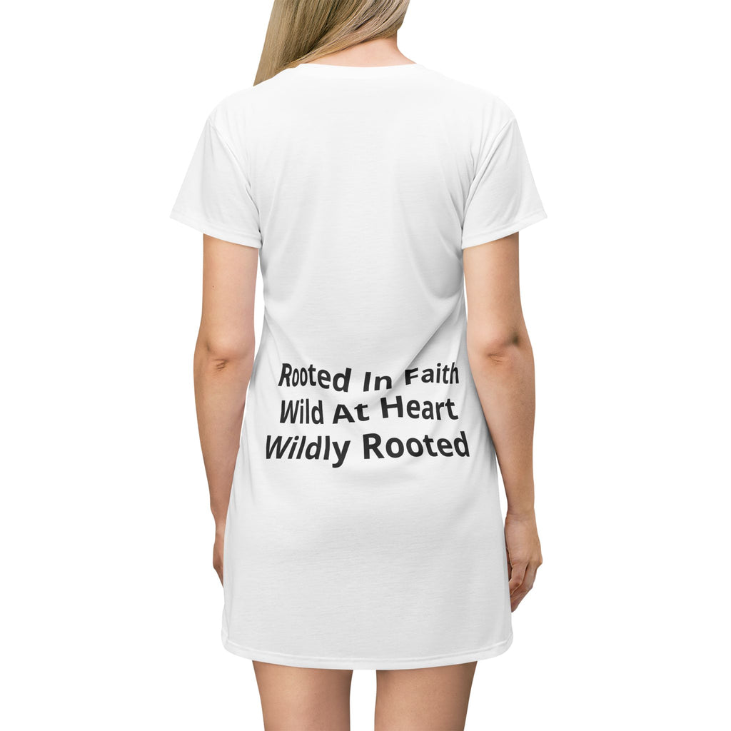 Patriotic "Blessed. Rooted. Free." T-Shirt Dress — Christian Flag Floral Graphic