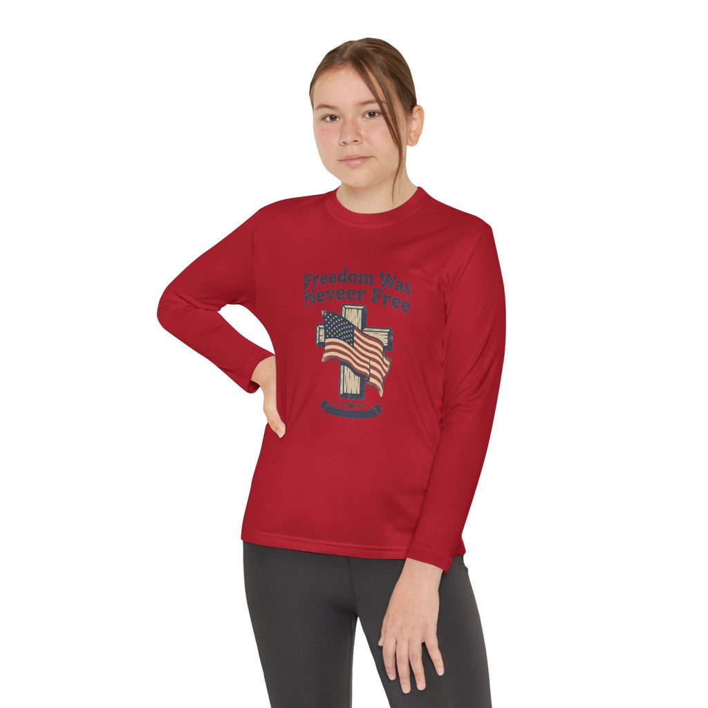 Youth Long Sleeve Tee — "Freedom Was Never Free" Patriotic Flag Design