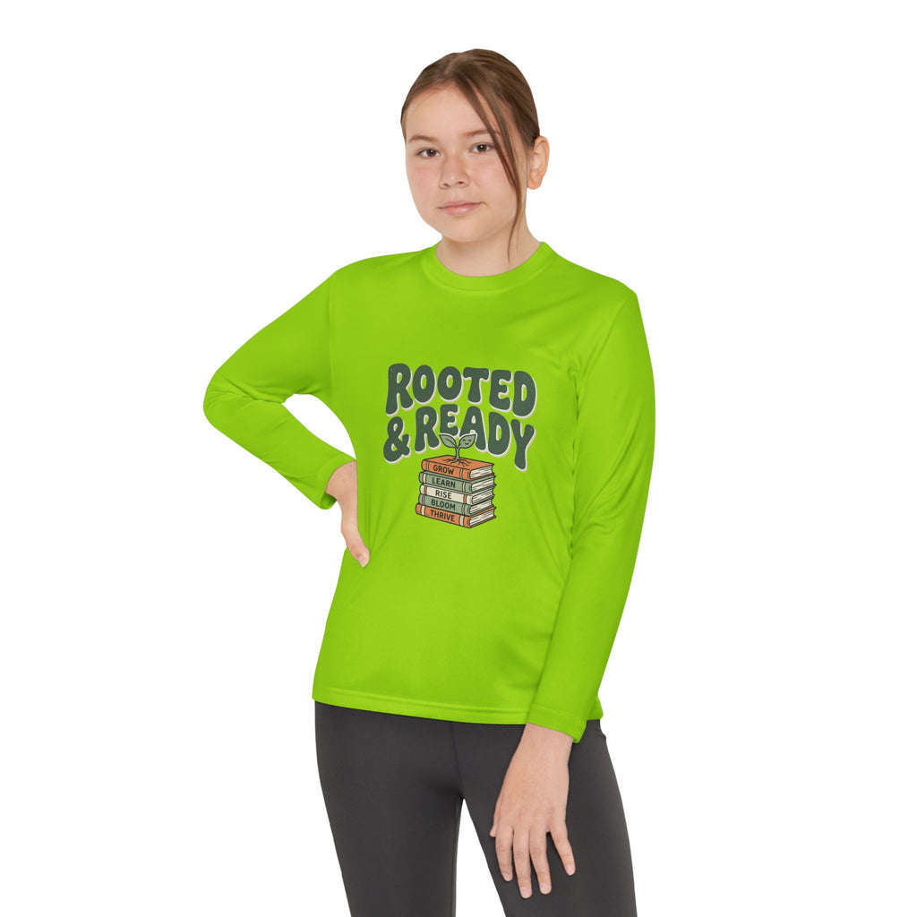 Rooted & Ready Youth Long Sleeve Tee - Stacked Books Graphic for Young Readers, Back-to-School Gift