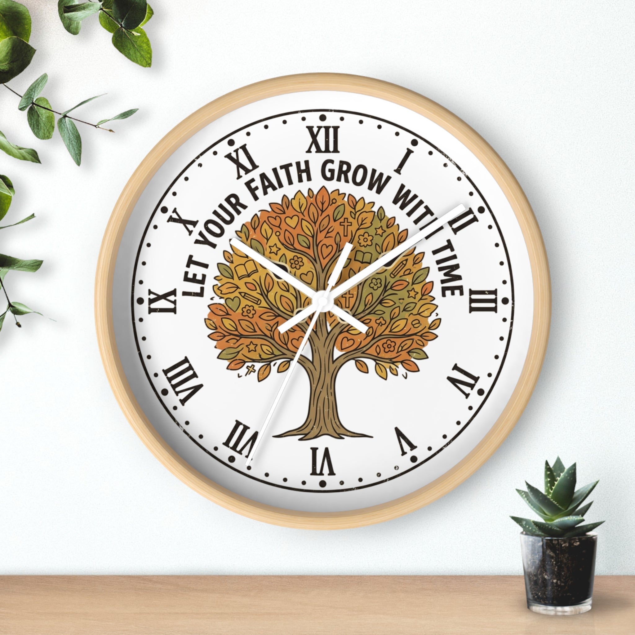Fall Tree Wall Clock — "Let Your Faith Grow With Time" Inspirational Home Decor