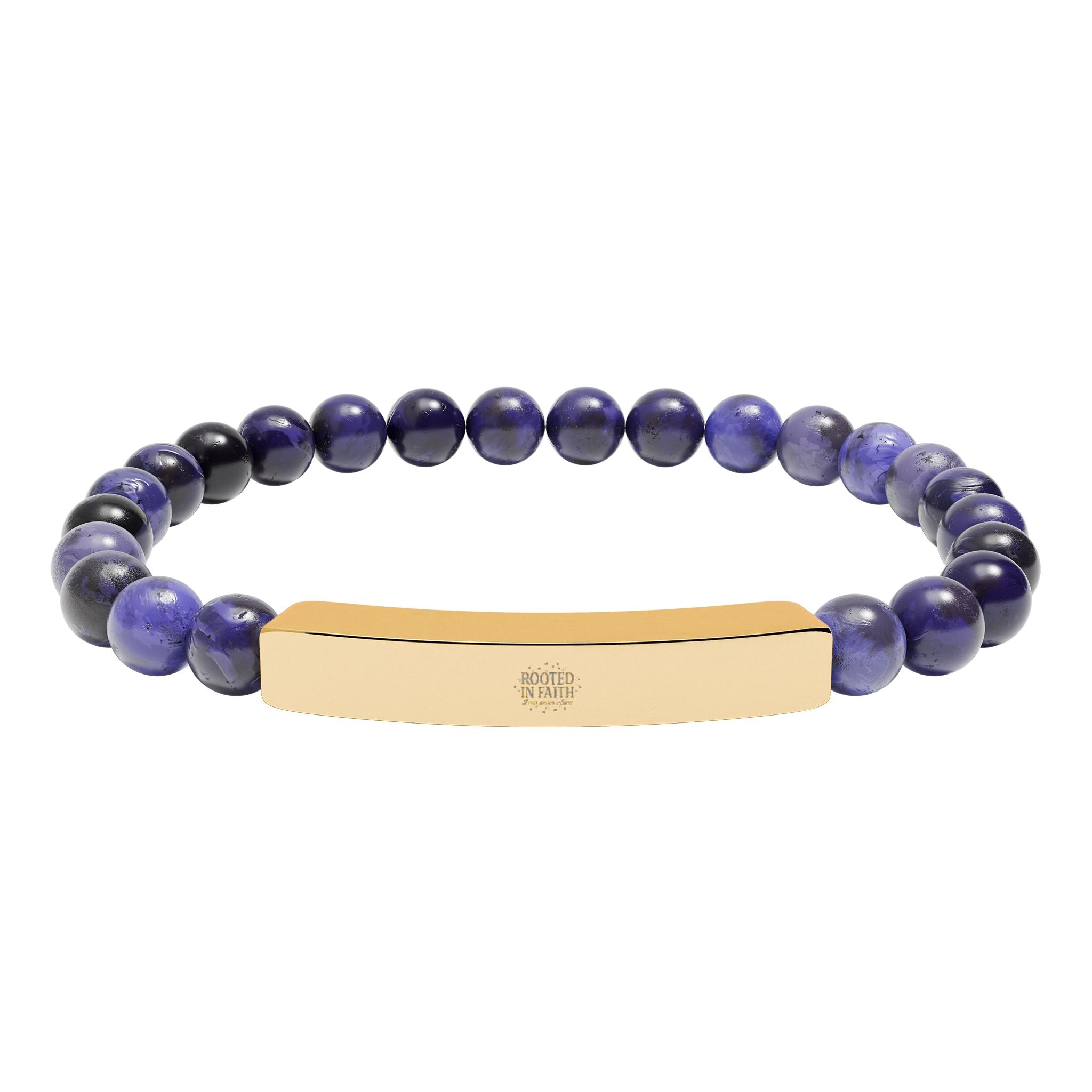 Engravable Natural Stone Bead Bar Bracelet — Stretch Bracelet with Personalized Metal Bar