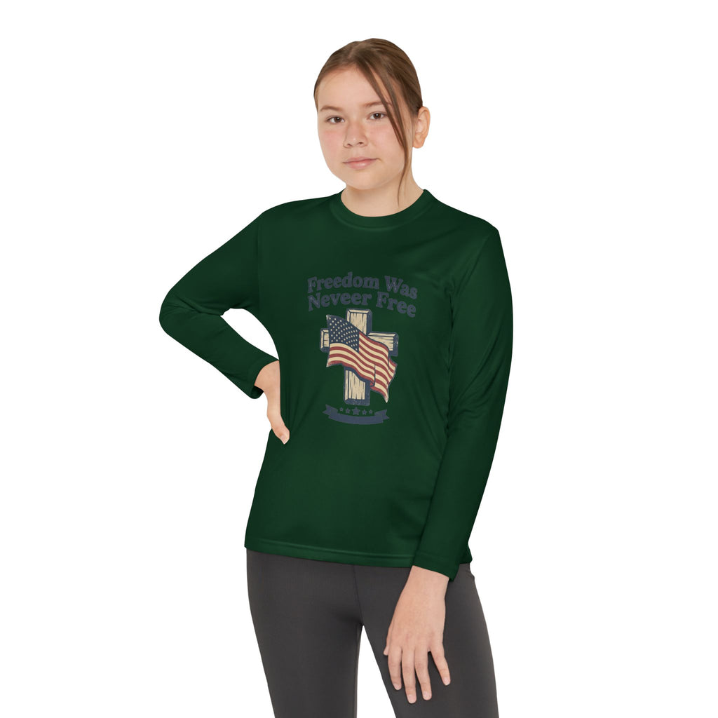 Youth Long Sleeve Tee — "Freedom Was Never Free" Patriotic Flag Design