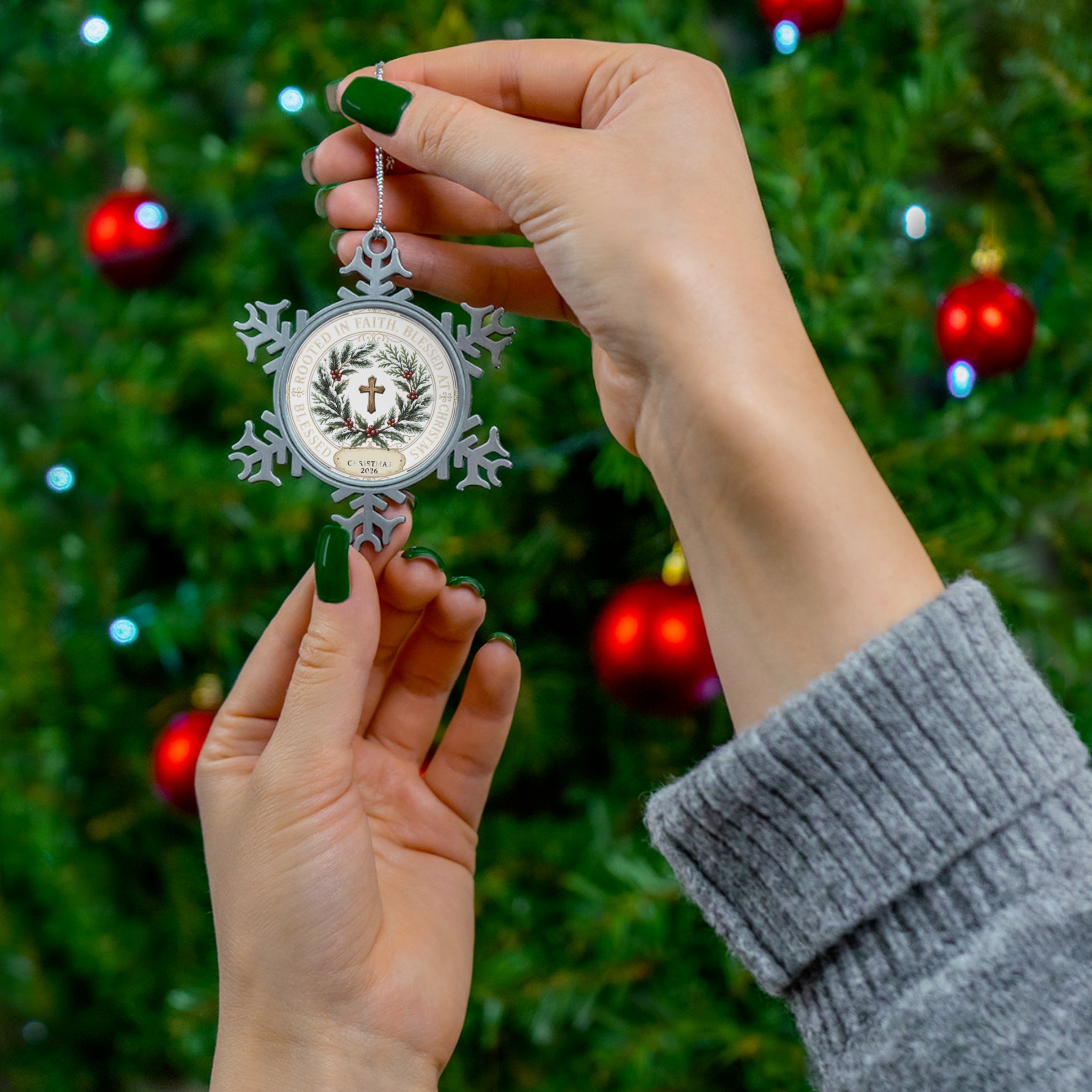 Pewter Snowflake Ornament — Religious Cross Wreath Christmas Decoration