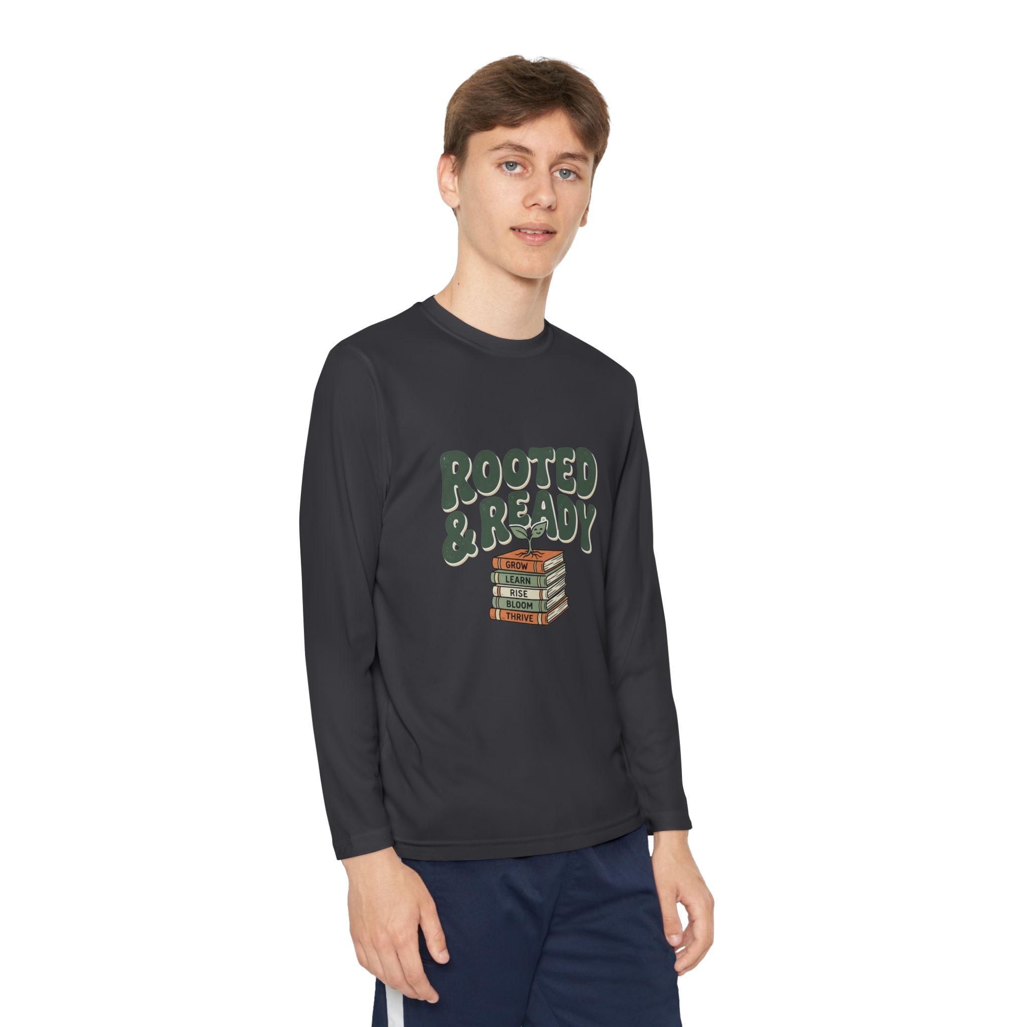 Rooted & Ready Youth Long Sleeve Tee - Stacked Books Graphic for Young Readers, Back-to-School Gift