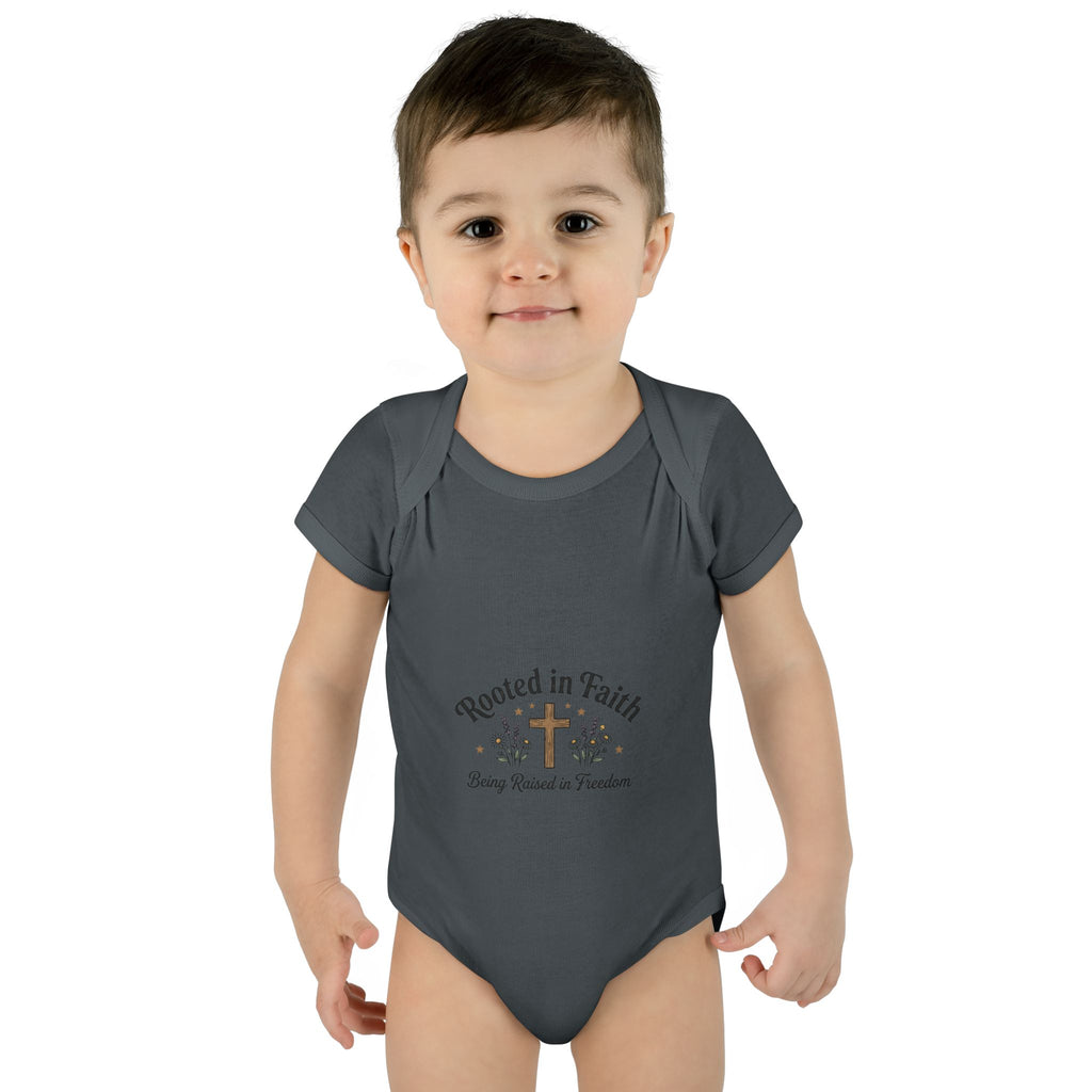 Infant Bodysuit - "Rooted in Faith" Cross Baby Onesie (Religious Newborn Gift)