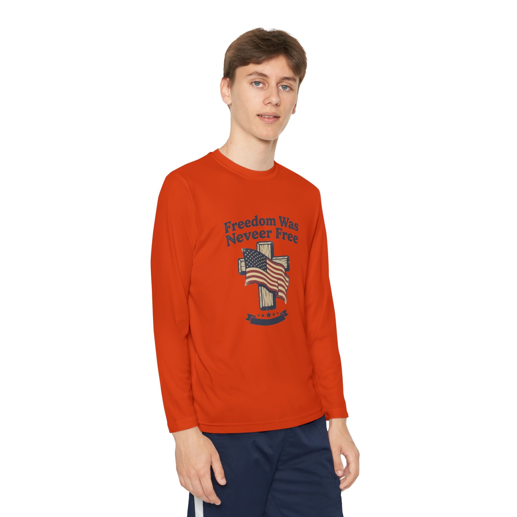 Youth Long Sleeve Tee — "Freedom Was Never Free" Patriotic Flag Design