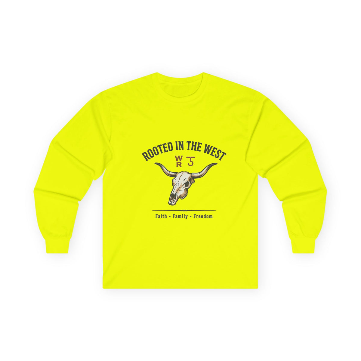 Rooted in the West Long Sleeve Tee — Vintage Steer Skull, Faith • Family • Freedom