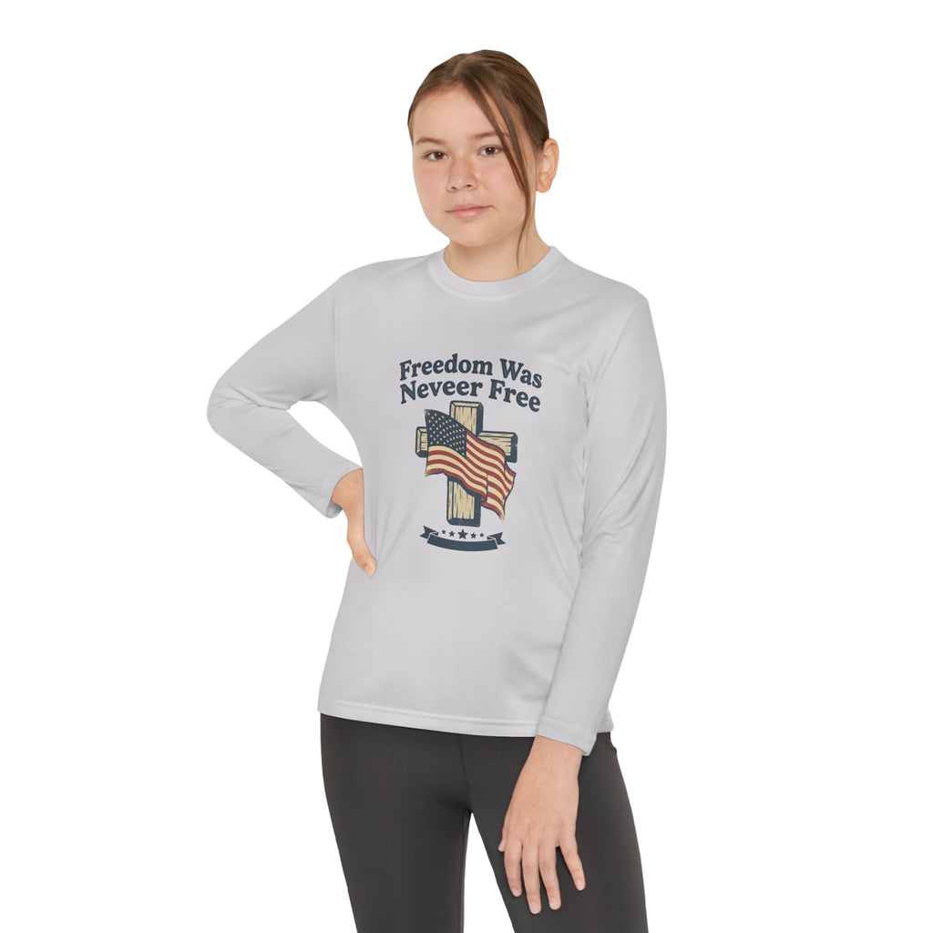 Youth Long Sleeve Tee — "Freedom Was Never Free" Patriotic Flag Design