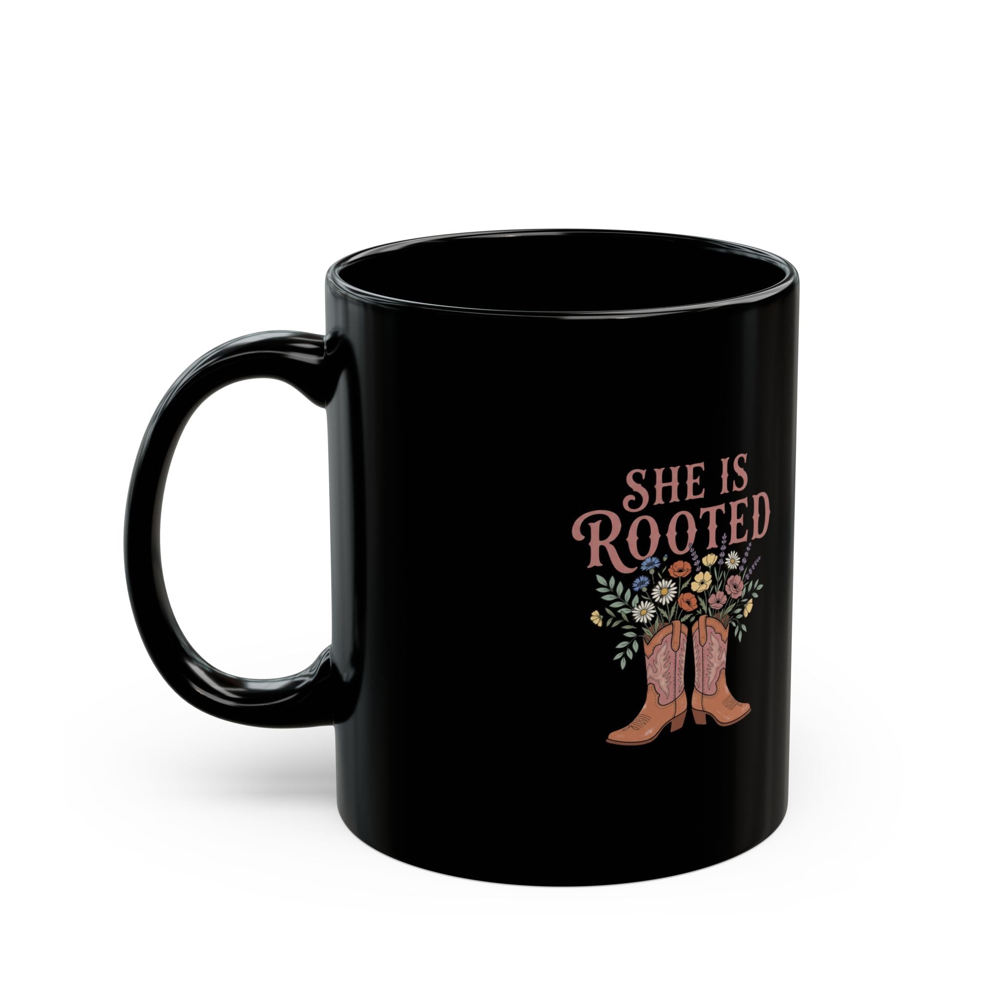 She Is Rooted In Christ Black Coffee Mug — Inspirational Christian Gift (11oz/15oz)
