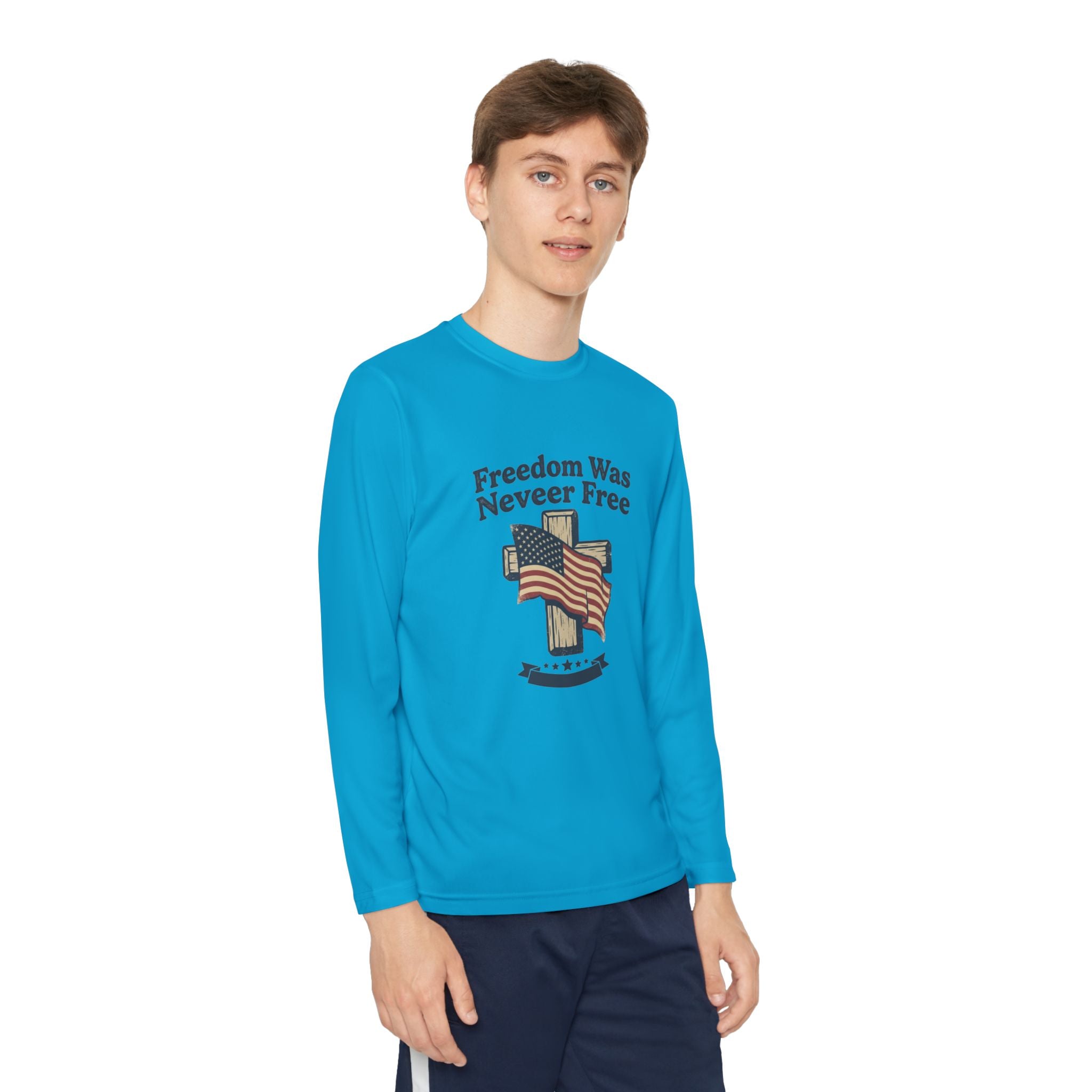 Youth Long Sleeve Tee — "Freedom Was Never Free" Patriotic Flag Design