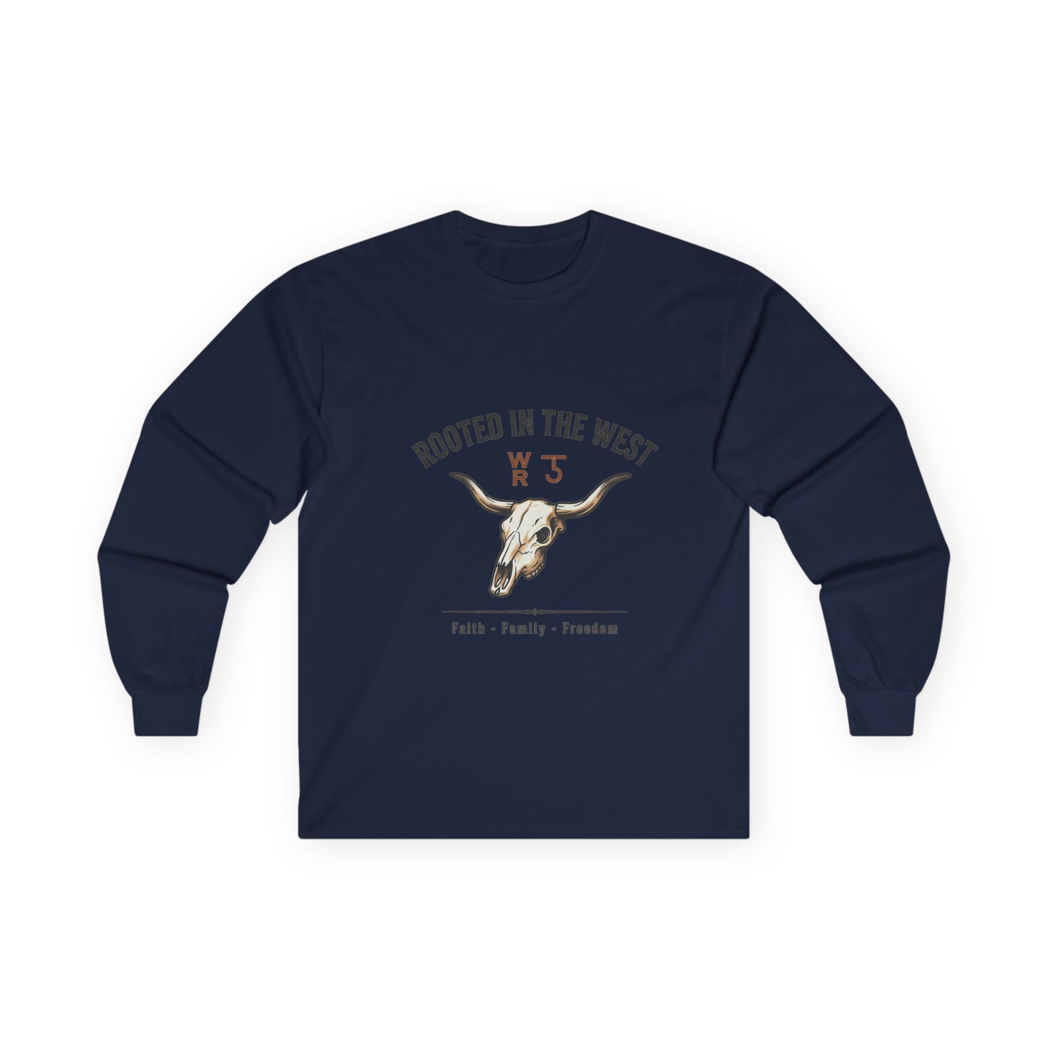 Rooted in the West Long Sleeve Tee — Vintage Steer Skull, Faith • Family • Freedom