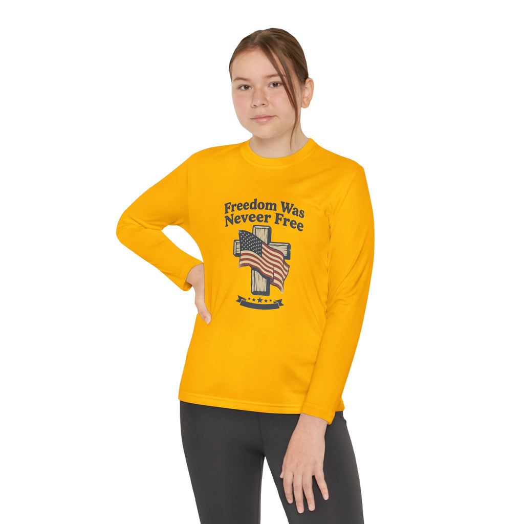 Youth Long Sleeve Tee — "Freedom Was Never Free" Patriotic Flag Design