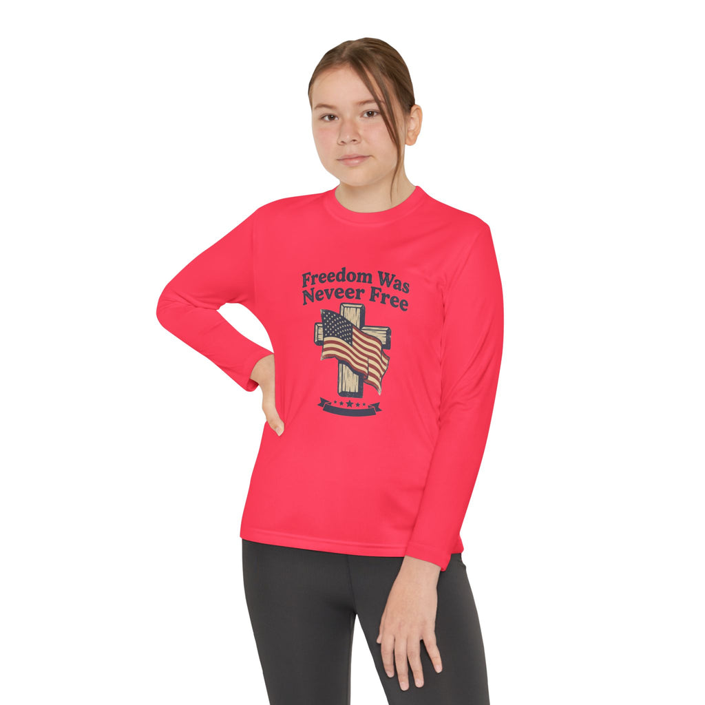 Youth Long Sleeve Tee — "Freedom Was Never Free" Patriotic Flag Design