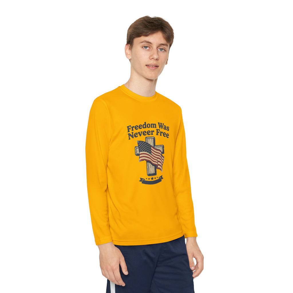 Youth Long Sleeve Tee — "Freedom Was Never Free" Patriotic Flag Design