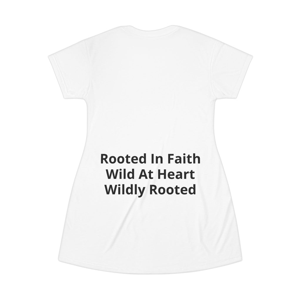 Patriotic "Blessed. Rooted. Free." T-Shirt Dress — Christian Flag Floral Graphic