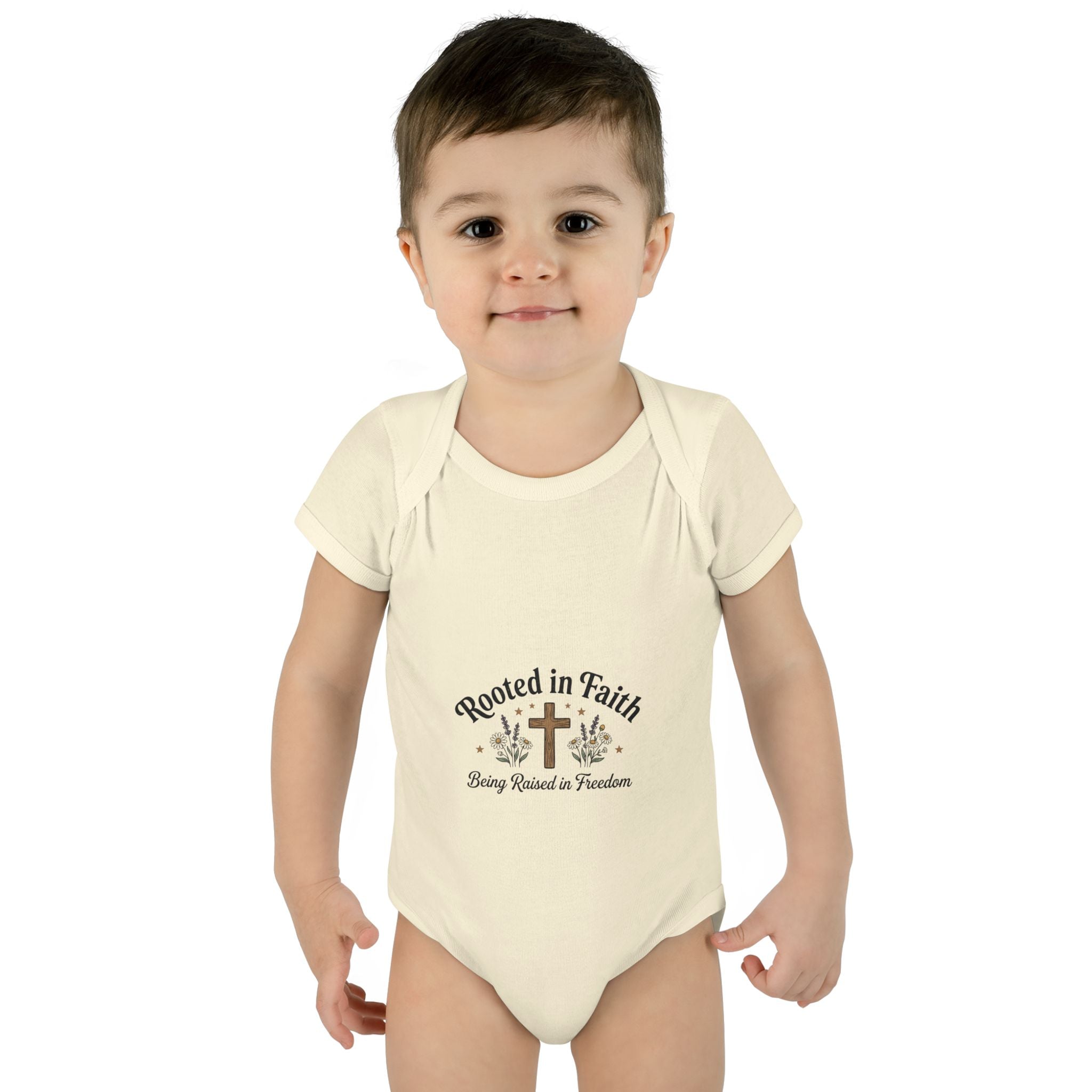 Infant Bodysuit - "Rooted in Faith" Cross Baby Onesie (Religious Newborn Gift)