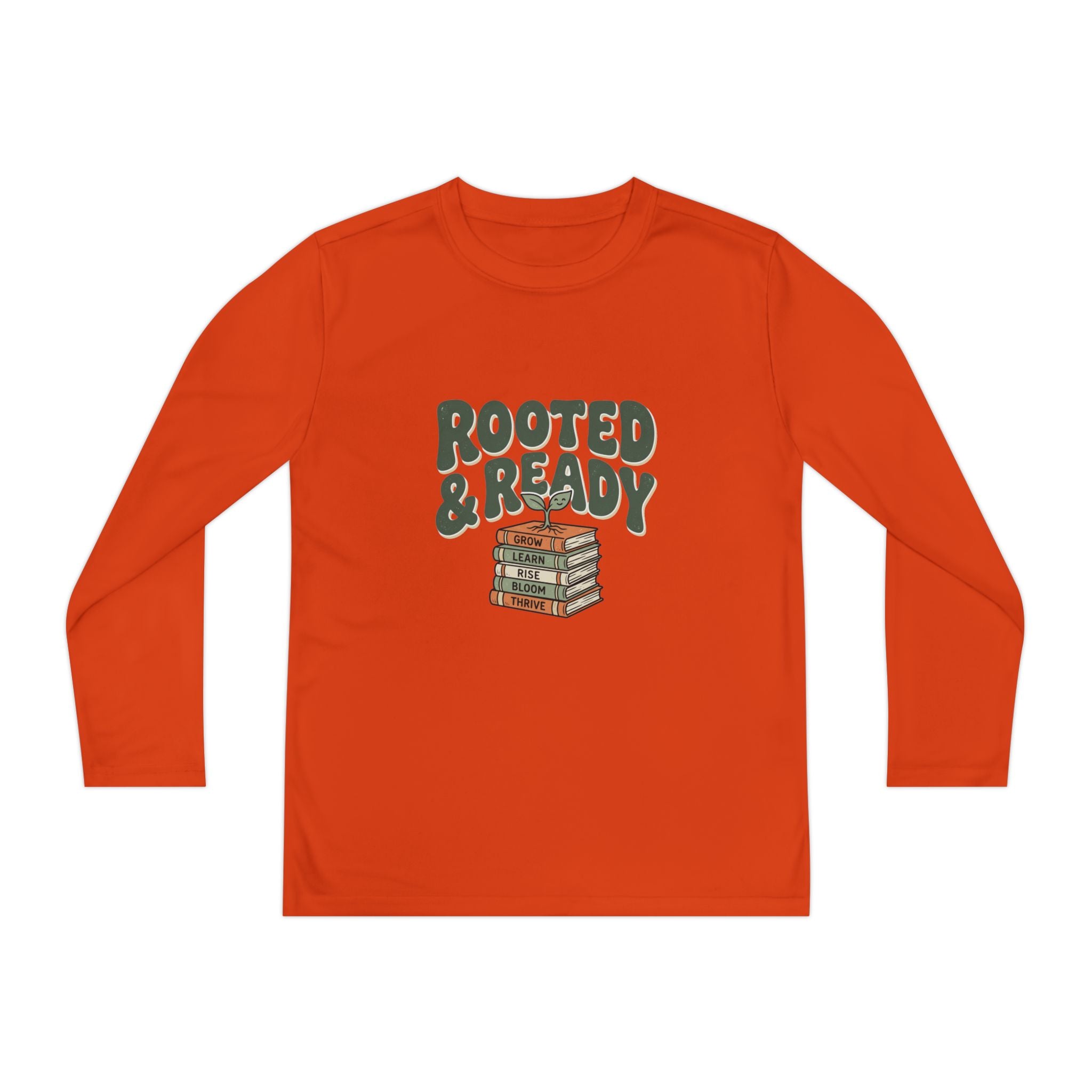 Rooted & Ready Youth Long Sleeve Tee - Stacked Books Graphic for Young Readers, Back-to-School Gift