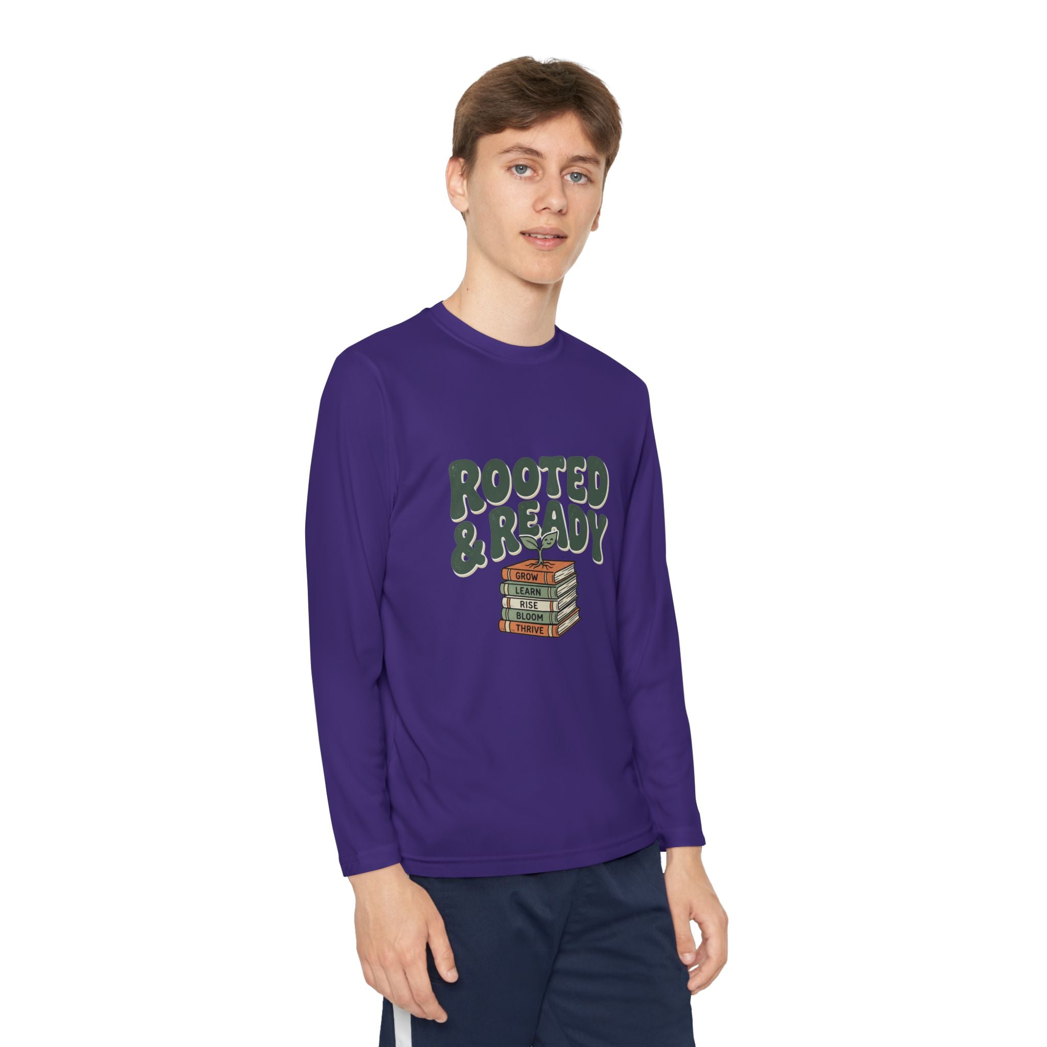 Rooted & Ready Youth Long Sleeve Tee - Stacked Books Graphic for Young Readers, Back-to-School Gift