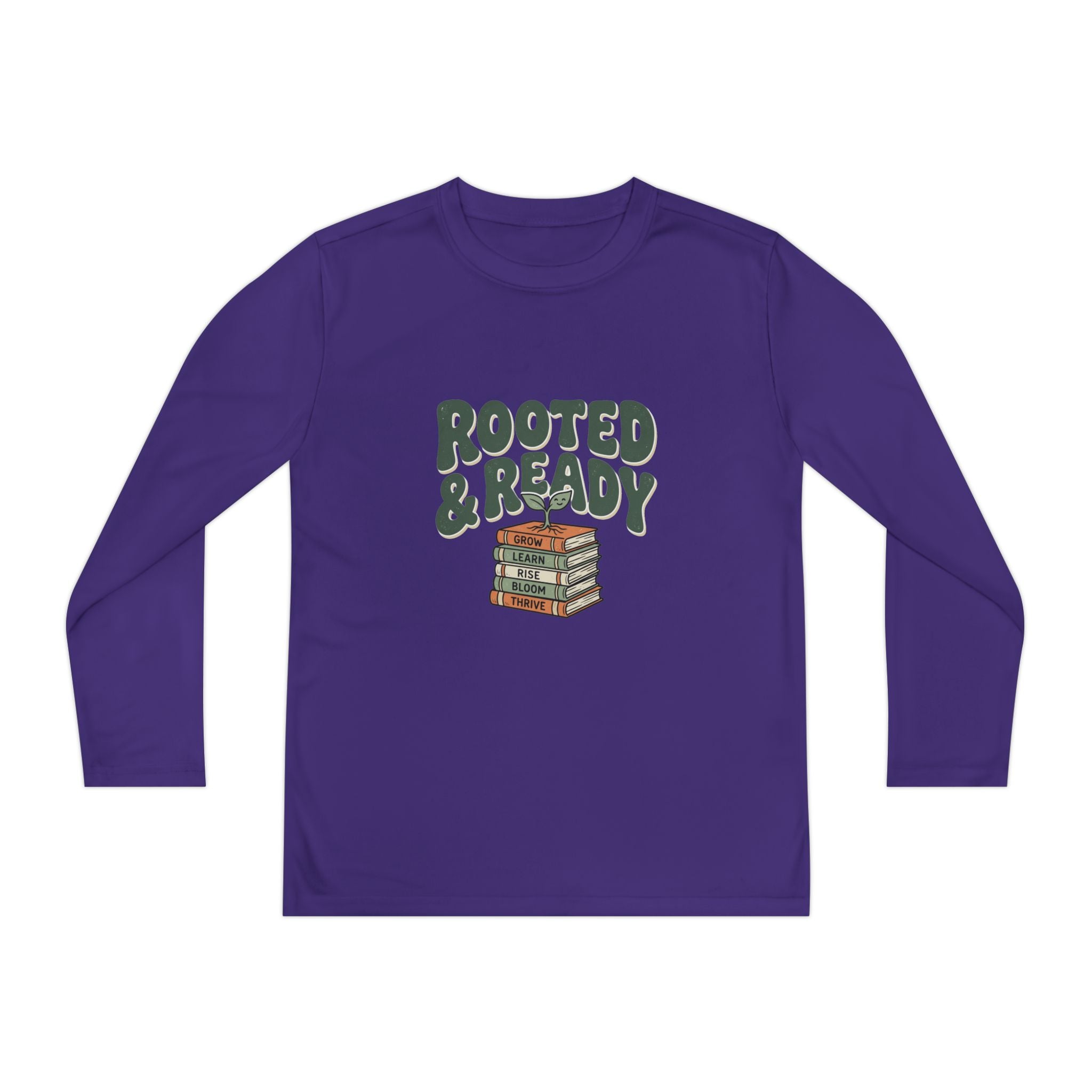 Rooted & Ready Youth Long Sleeve Tee - Stacked Books Graphic for Young Readers, Back-to-School Gift