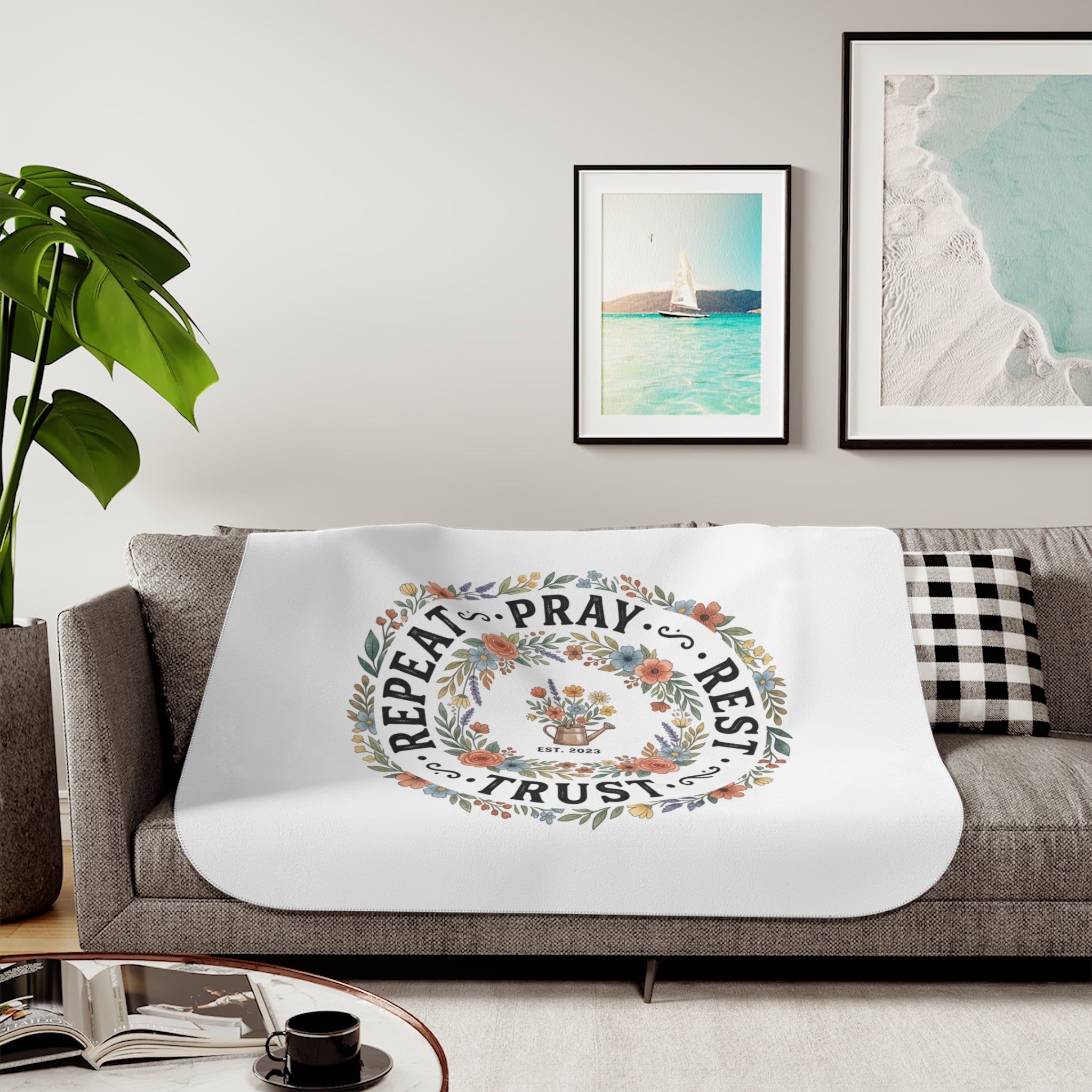 Sherpa Blanket — "Repeat • Pray • Rest • Trust" Floral Cozy Throw for Faith-Based Comfort, Gift for Women