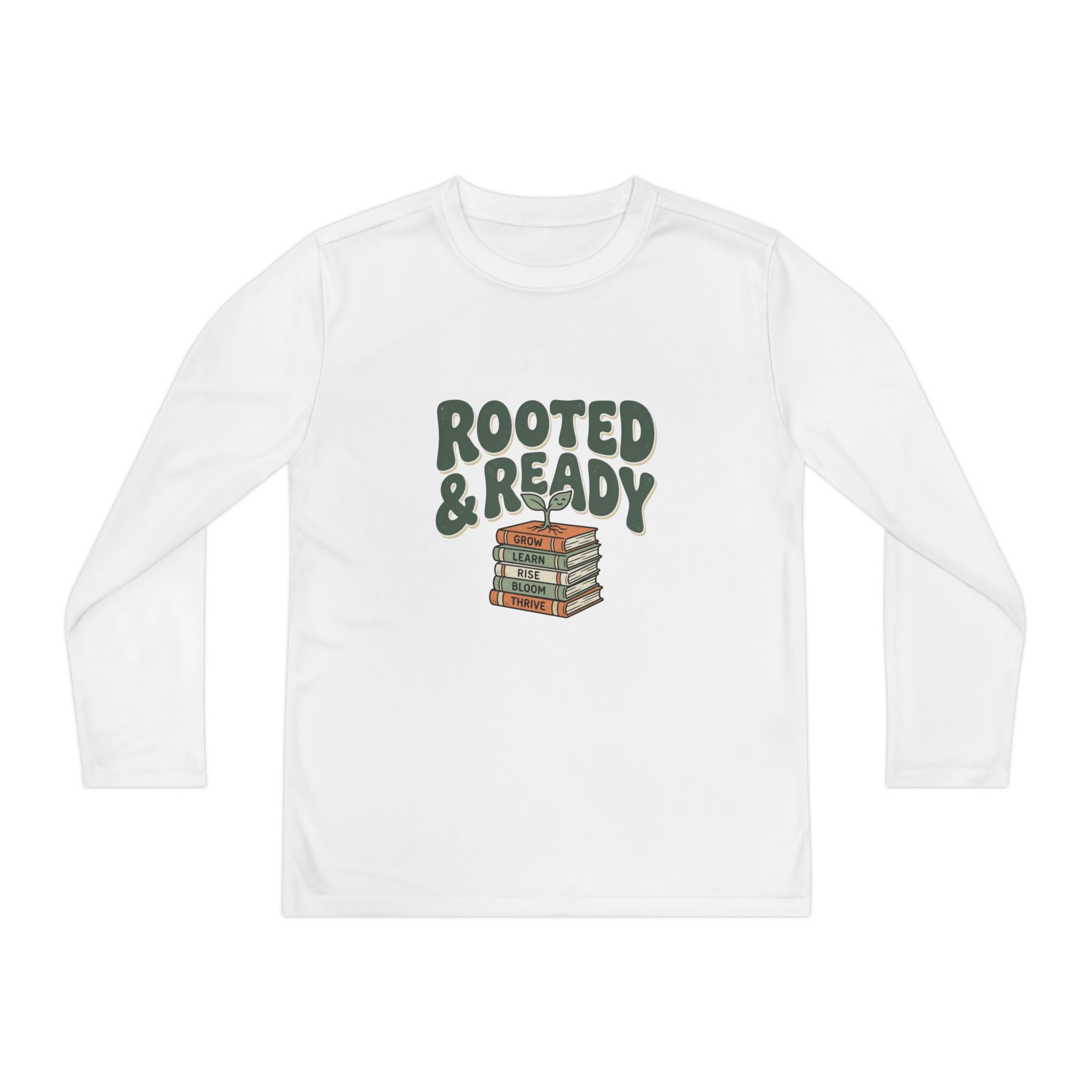 Rooted & Ready Youth Long Sleeve Tee - Stacked Books Graphic for Young Readers, Back-to-School Gift