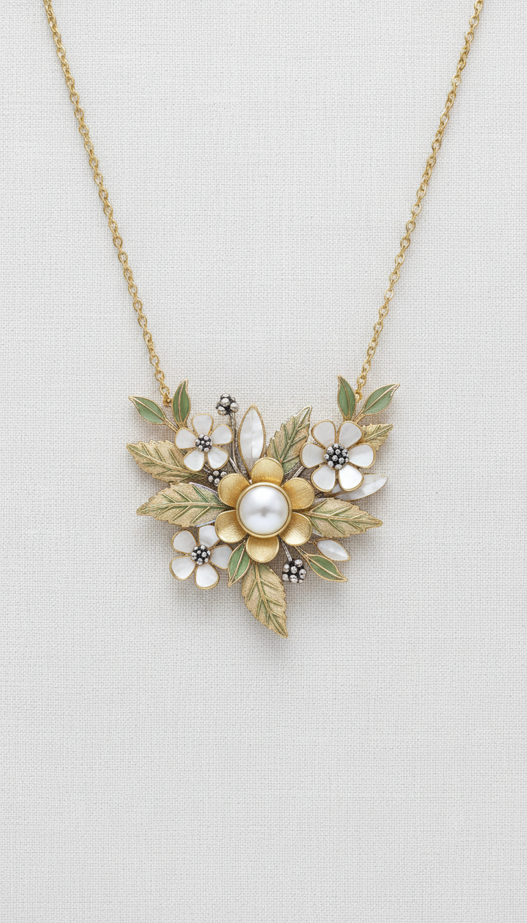 Wildflower Motif Pendant Necklace in Brass