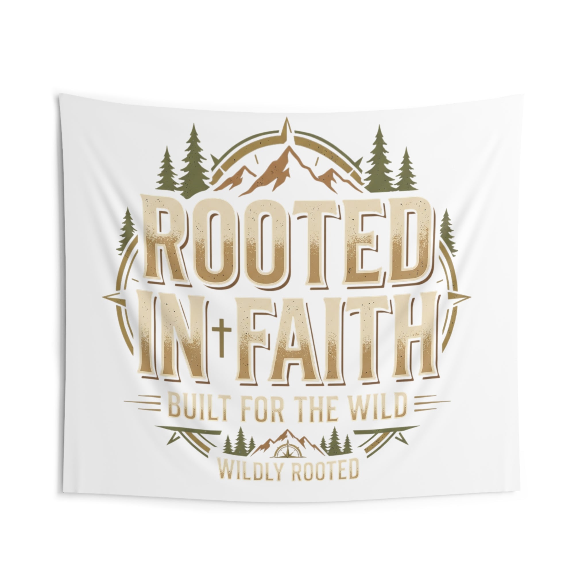 Rooted in Faith Wall Tapestry — Rustic Mountain Christian Home Decor