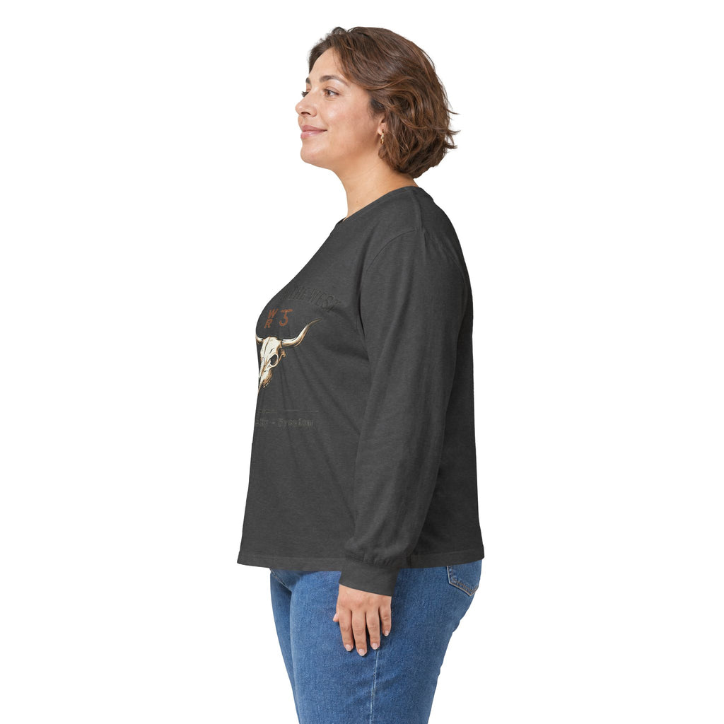 Rooted in the West Long Sleeve Tee — Vintage Steer Skull, Faith • Family • Freedom