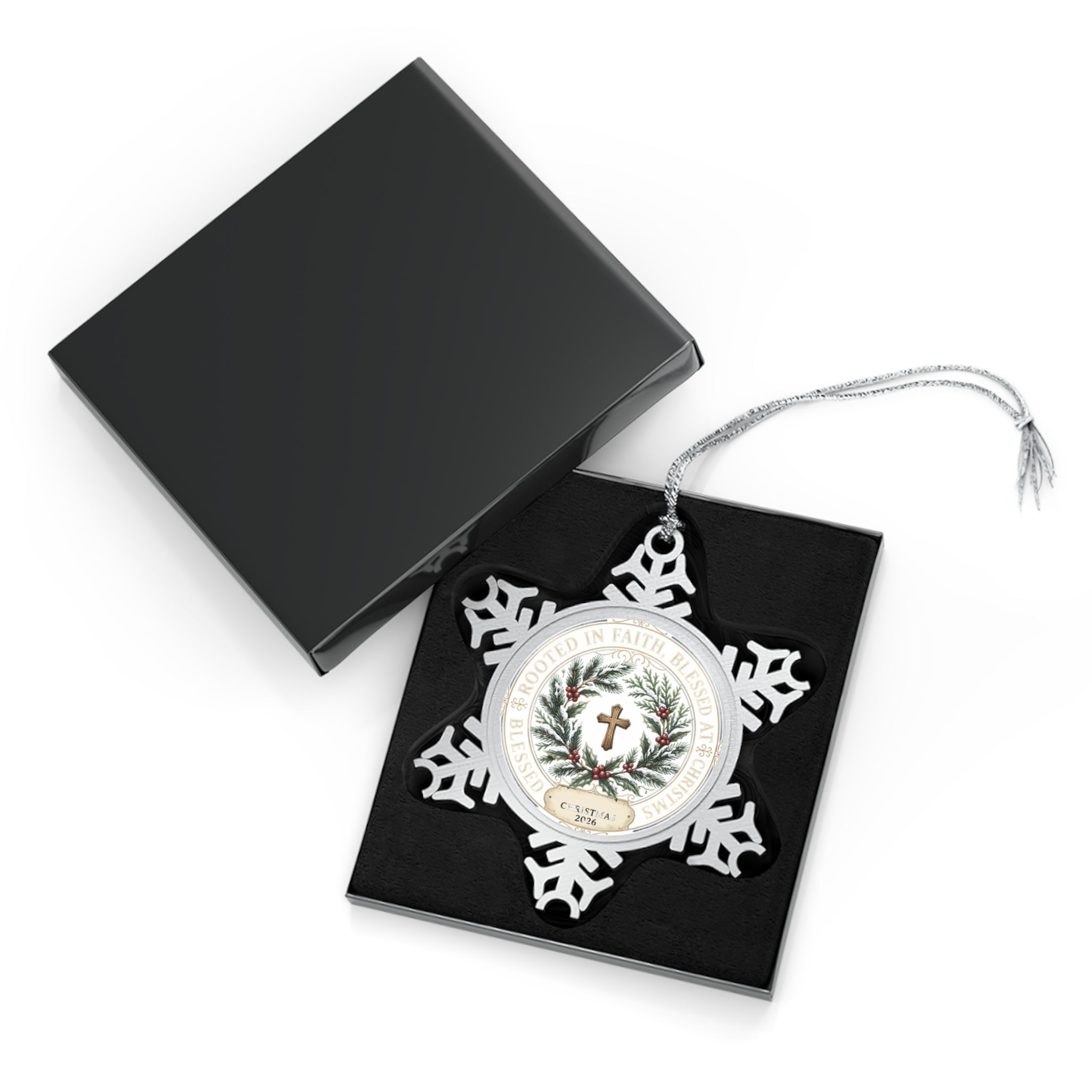 Pewter Snowflake Ornament — Religious Cross Wreath Christmas Decoration