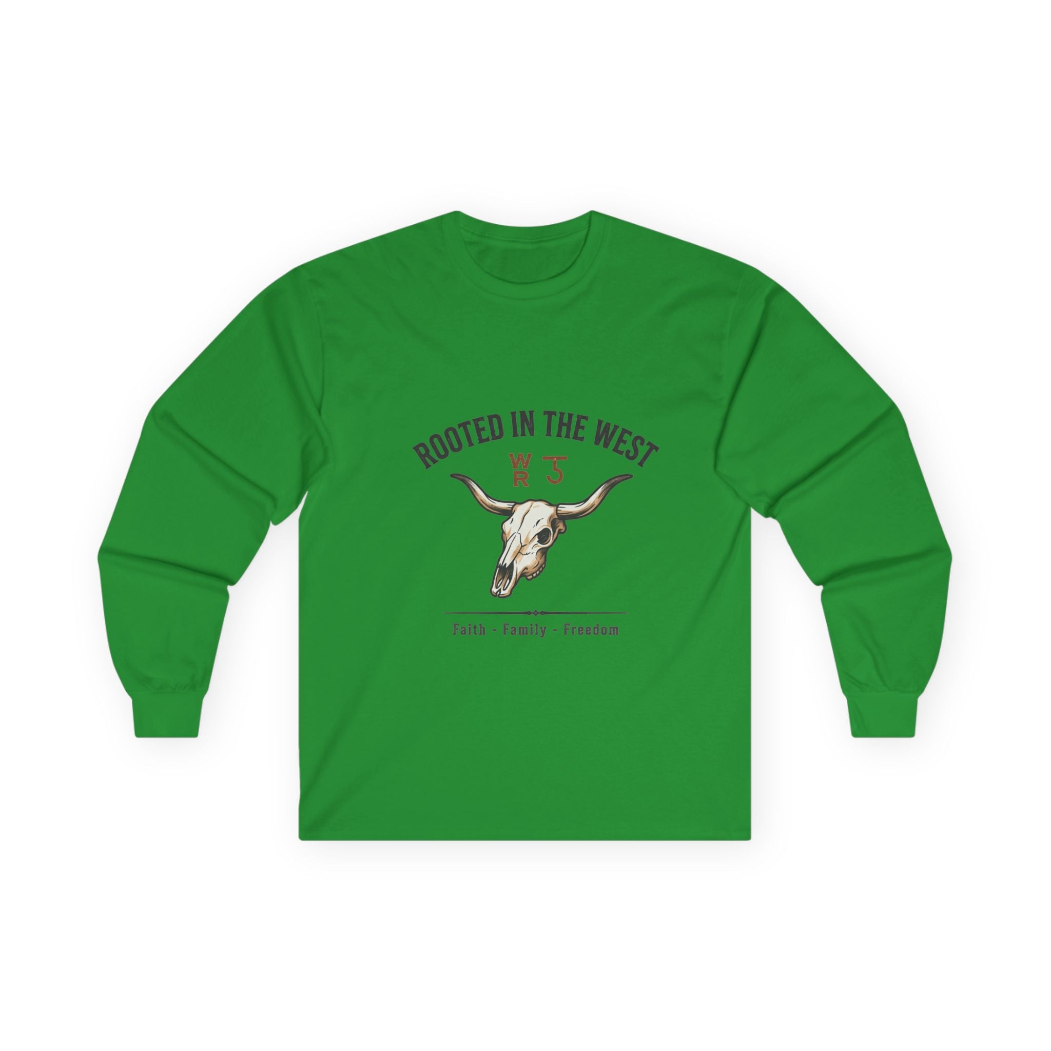 Rooted in the West Long Sleeve Tee — Vintage Steer Skull, Faith • Family • Freedom