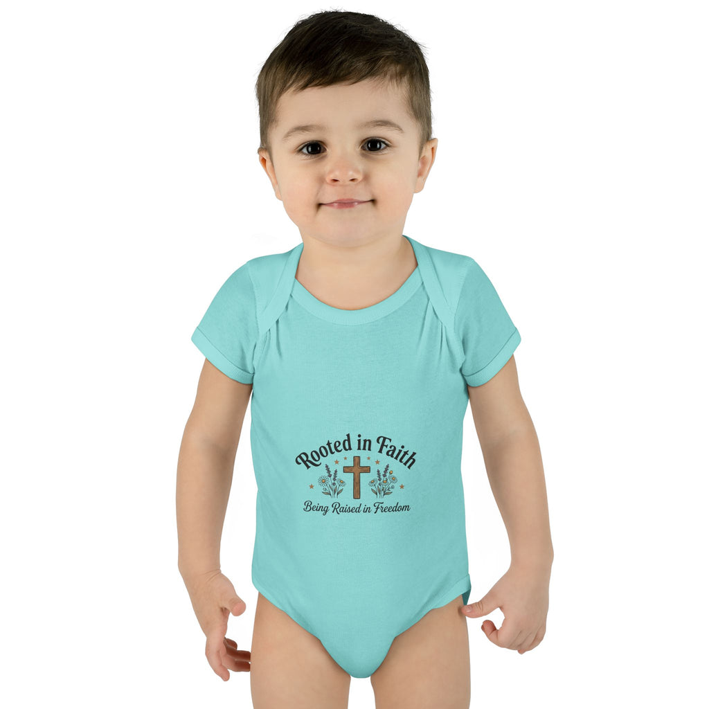 Infant Bodysuit - "Rooted in Faith" Cross Baby Onesie (Religious Newborn Gift)