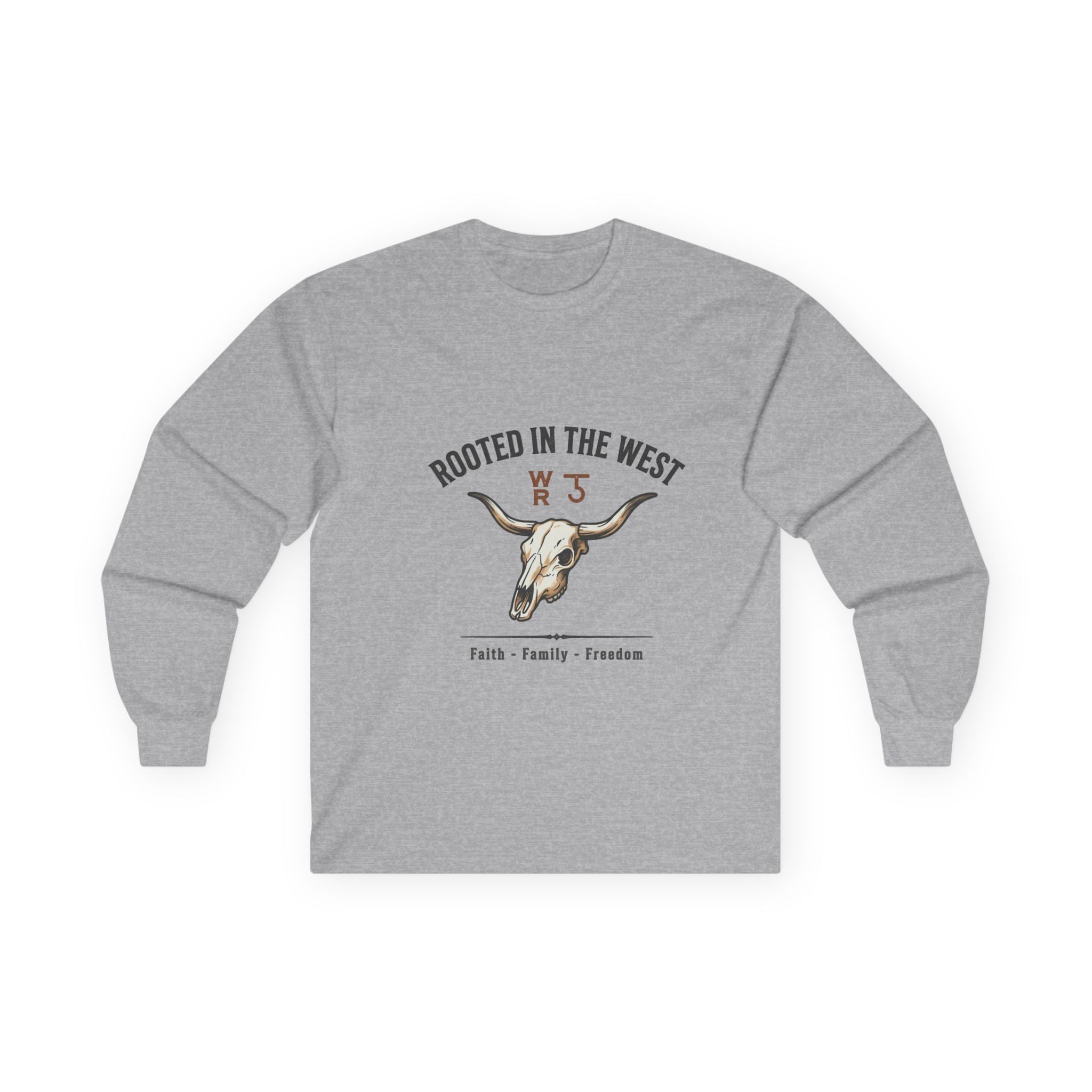 Rooted in the West Long Sleeve Tee — Vintage Steer Skull, Faith • Family • Freedom