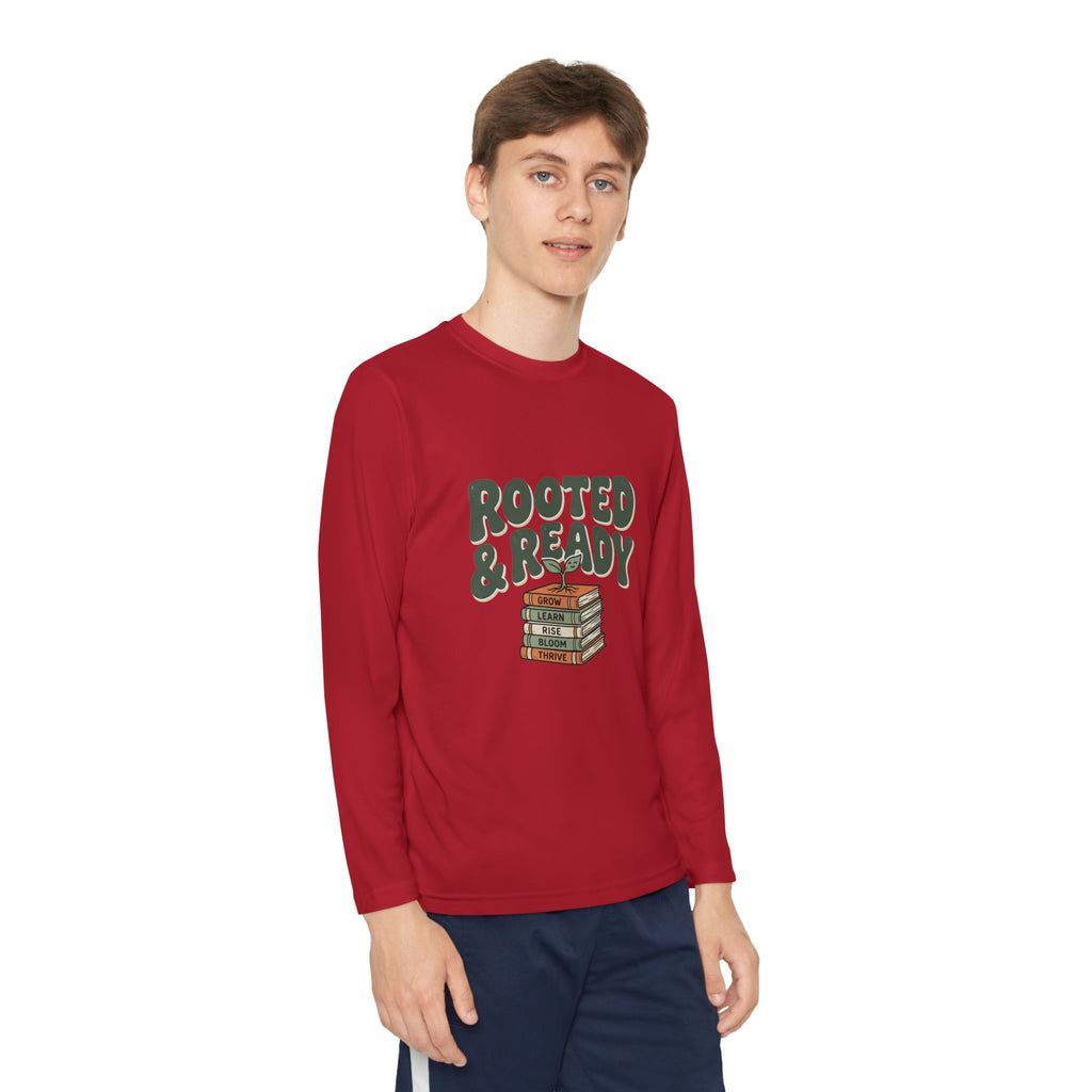 Rooted & Ready Youth Long Sleeve Tee - Stacked Books Graphic for Young Readers, Back-to-School Gift