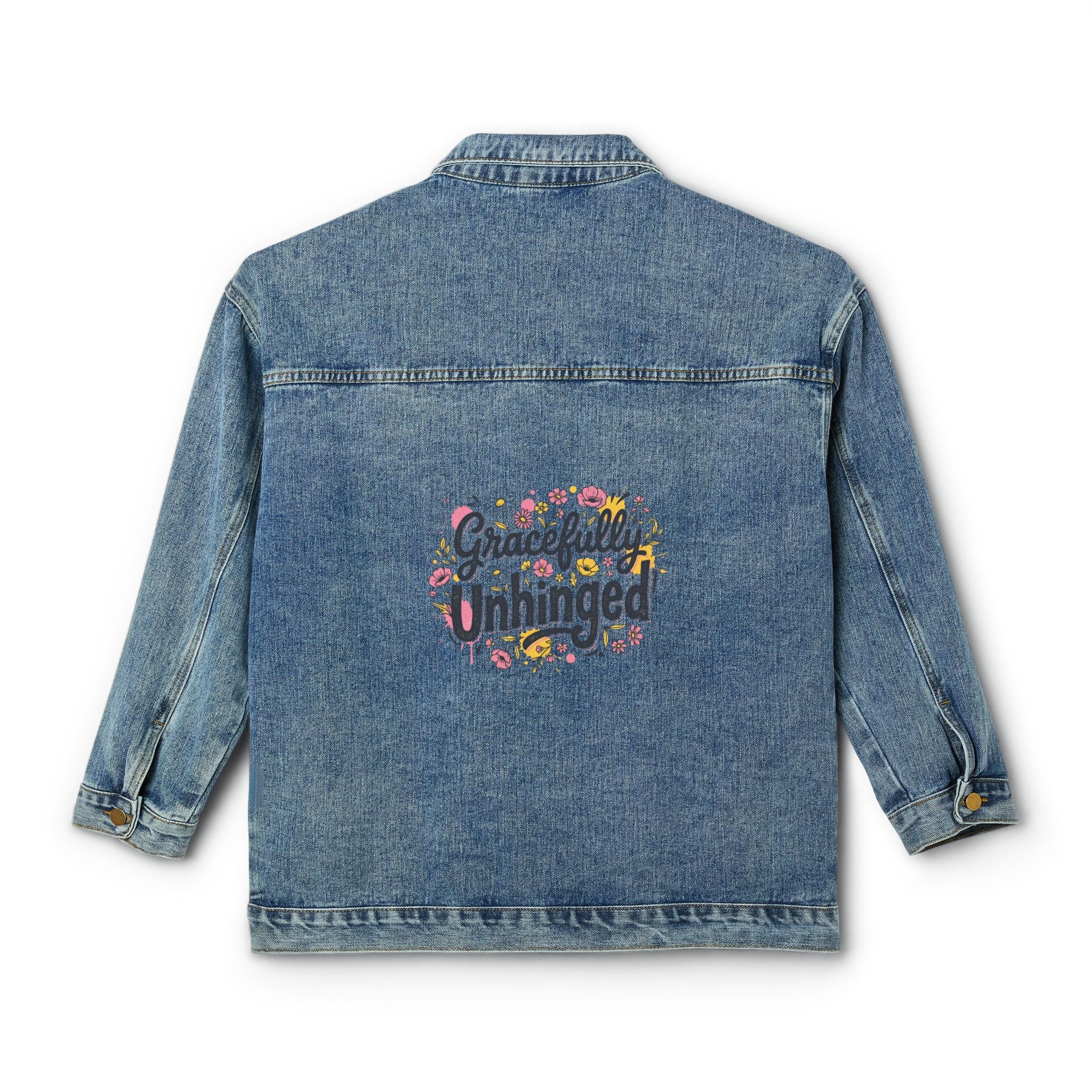 Denim Jacket with 'Grateful & Unhinged' Floral Back Embroidery