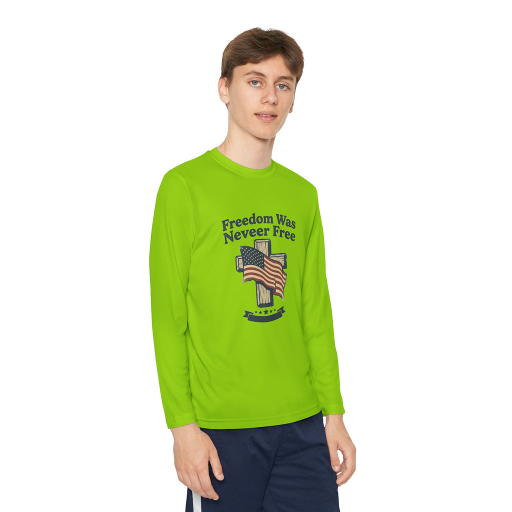 Youth Long Sleeve Tee — "Freedom Was Never Free" Patriotic Flag Design