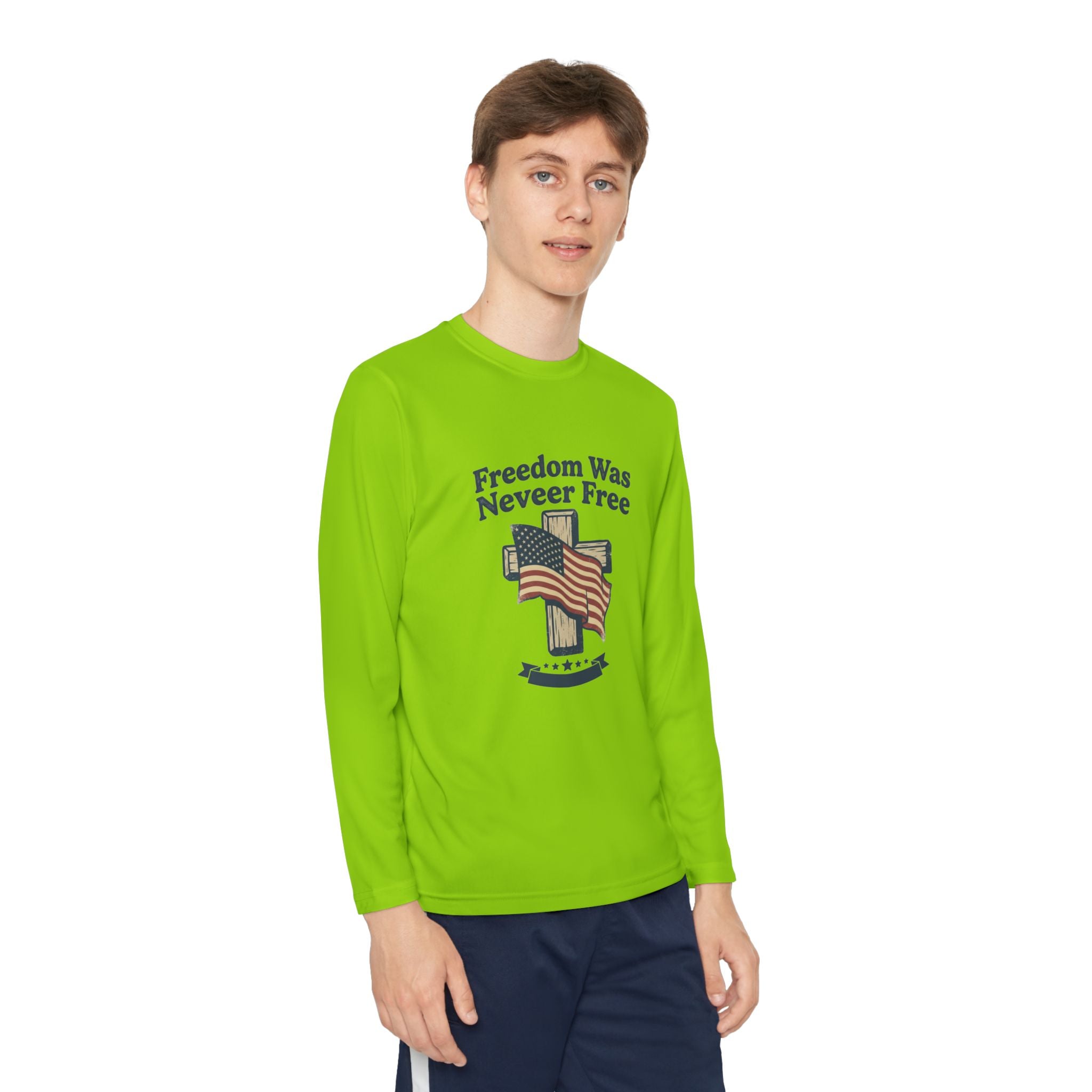 Youth Long Sleeve Tee — "Freedom Was Never Free" Patriotic Flag Design