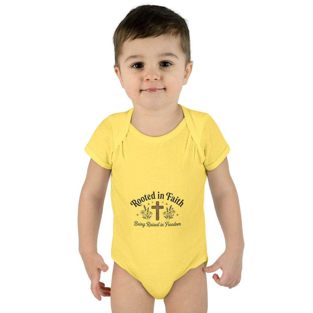 Infant Bodysuit - "Rooted in Faith" Cross Baby Onesie (Religious Newborn Gift)